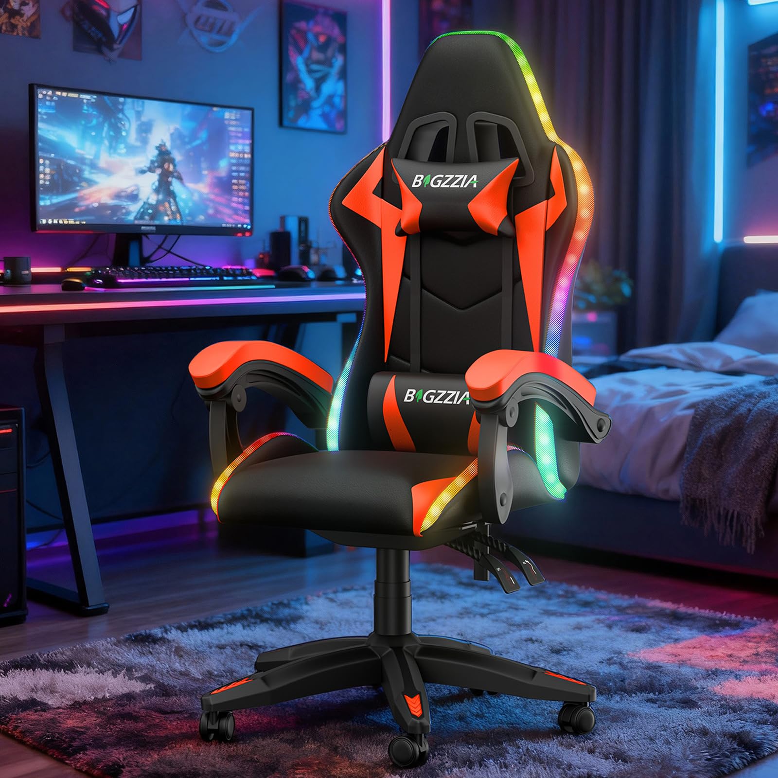 Silla para videojuegos con iluminación LED, silla ergonómica con luz RGB, reposacabezas ajustable y soporte lumbar, piel sintética, silla de oficina, altura e inclinación ajustable (negro y rojo)