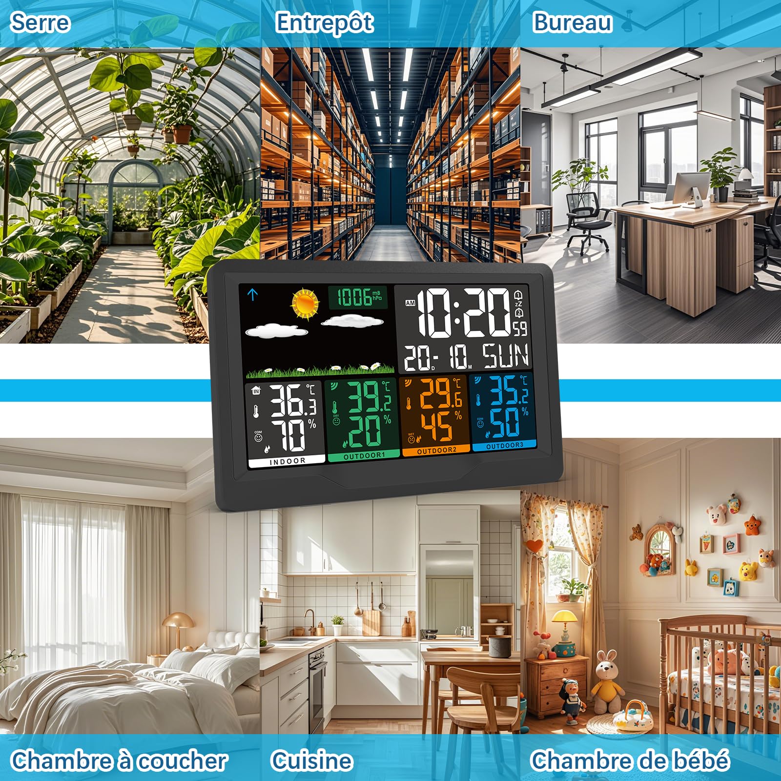 Station Meteo Interieur Exterieur Sans Fil avec 3 Capteurs, Écran Couleur, Station Météo avec Baromètres, Prévisions Météorologiques, Thermomètre Hygromètre, Affichage Température et Humidité, Réveil