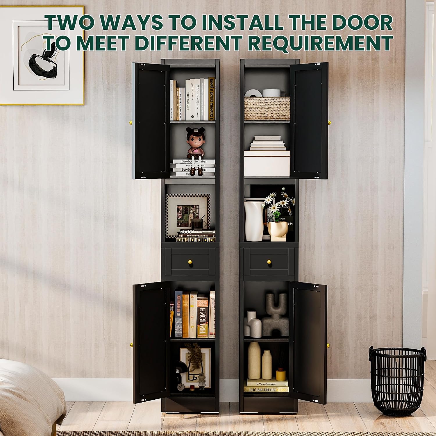 Tall Metal Bathroom Cabinet, 71" Tall Slim Freestanding Locker with 2 Door & 1 Drawer, Narrow Storage Cabinet with Adjustable Shelves, for Small Spaces, Bathroom, Living Room, Modern - Black