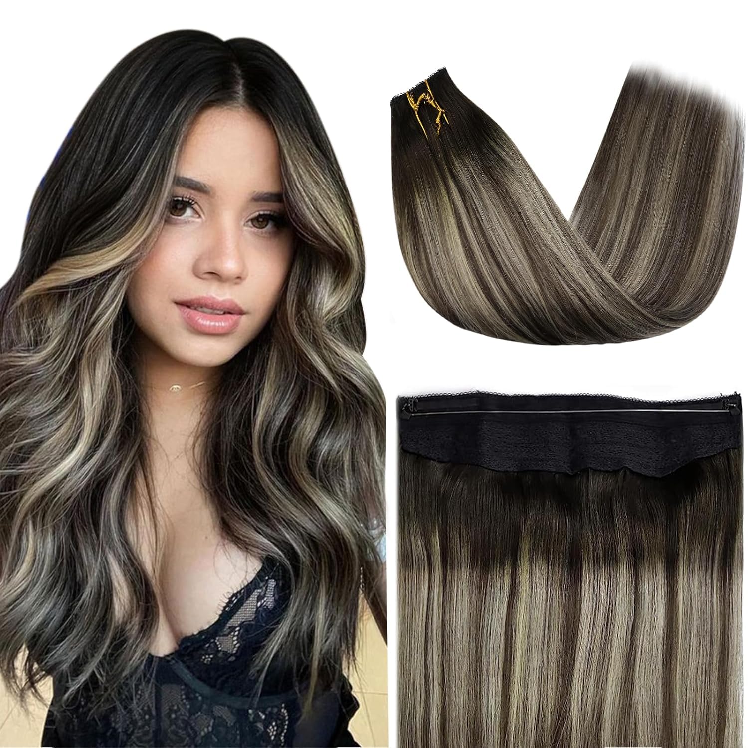 Fshine Extension Filo Capelli Veri 45CM 80g Capelli Extension Balayage Colore 1B Nero e Argento con 1B Neri Capelli Veri Brasiliani Lisci Extension Invisible Filo Capelli Extension Wire Human Hair