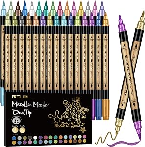 Metallic Marker Pens, 30 Colors Dual Tip Acrylic Paint Pens for Black Paper, Scrapbooking, Photo Album, Rock Painting, Paint Marker for DIY Arts & Crafts, Glass, Wood, Card Making, Scrapbook Supplies