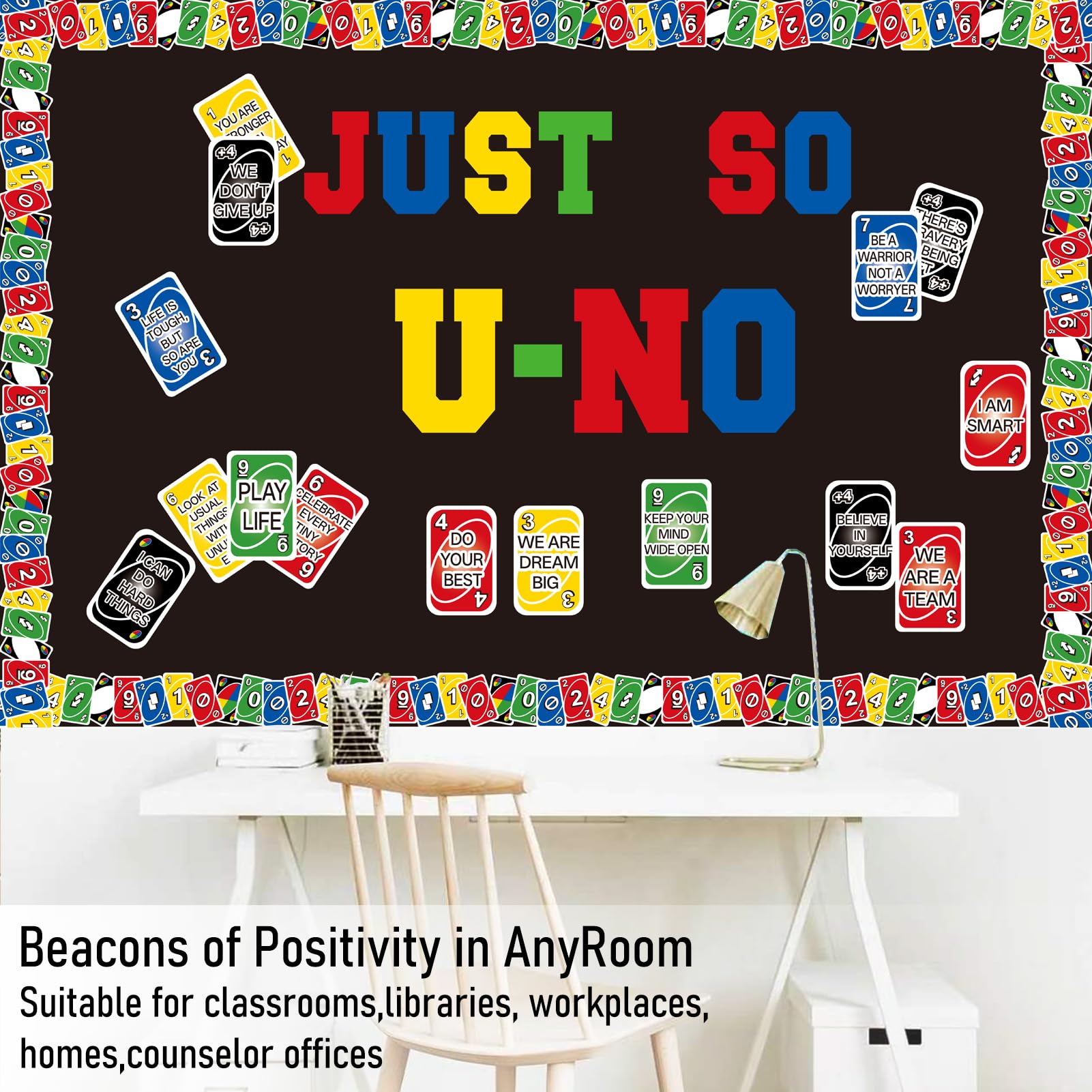 UNO Jeu de cartes positif, décoration de tableau d'affichage positif, bordures de jeu de motivation, décoration de salle de classe, bibliothèque, fenêtre, mur, porte, pour enseignant d'école