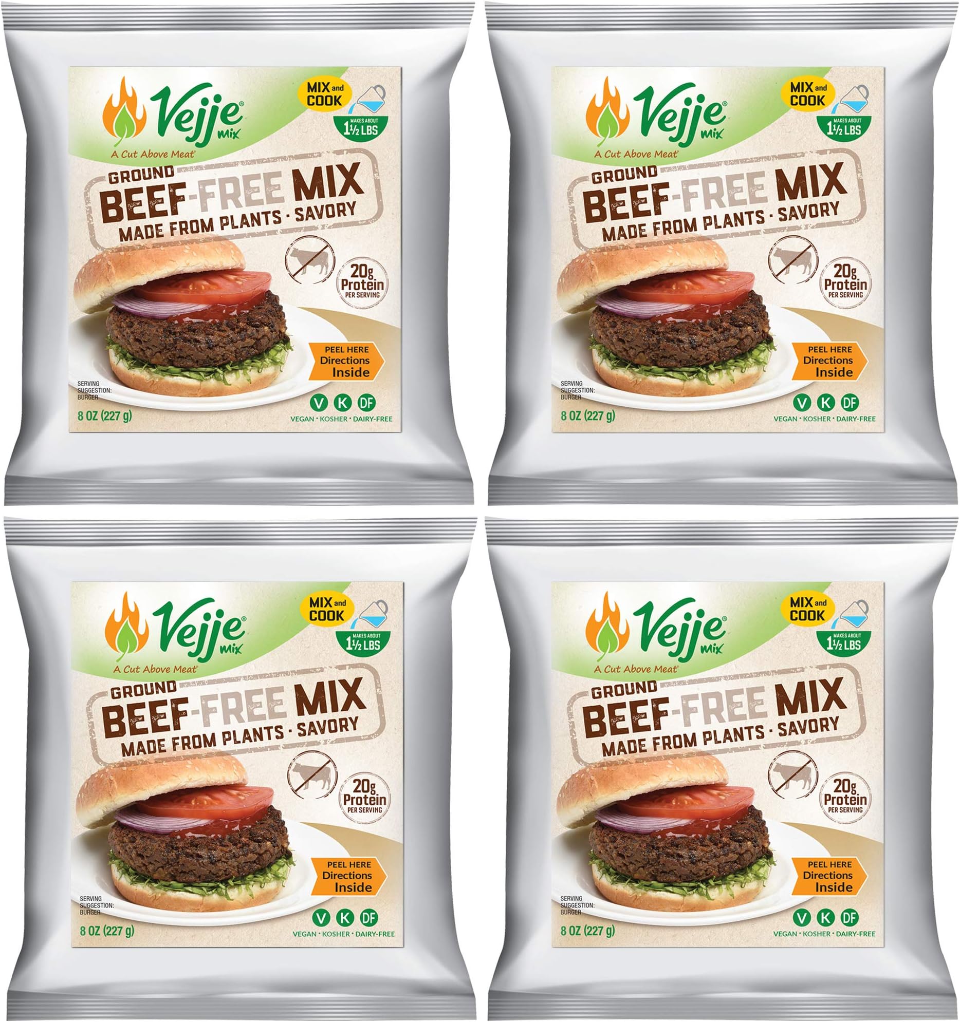 Vejje Meat-Free Mixes - GROUND BEEF-FREE MIX (4-Pack) (Four 8oz Bags, Each Bag Makes 1.5 lbs for 6 lbs Total) Vegan Meat Substitute. Plant-Based Meat Alternative for Burgers, Tacos, Crumbles & More