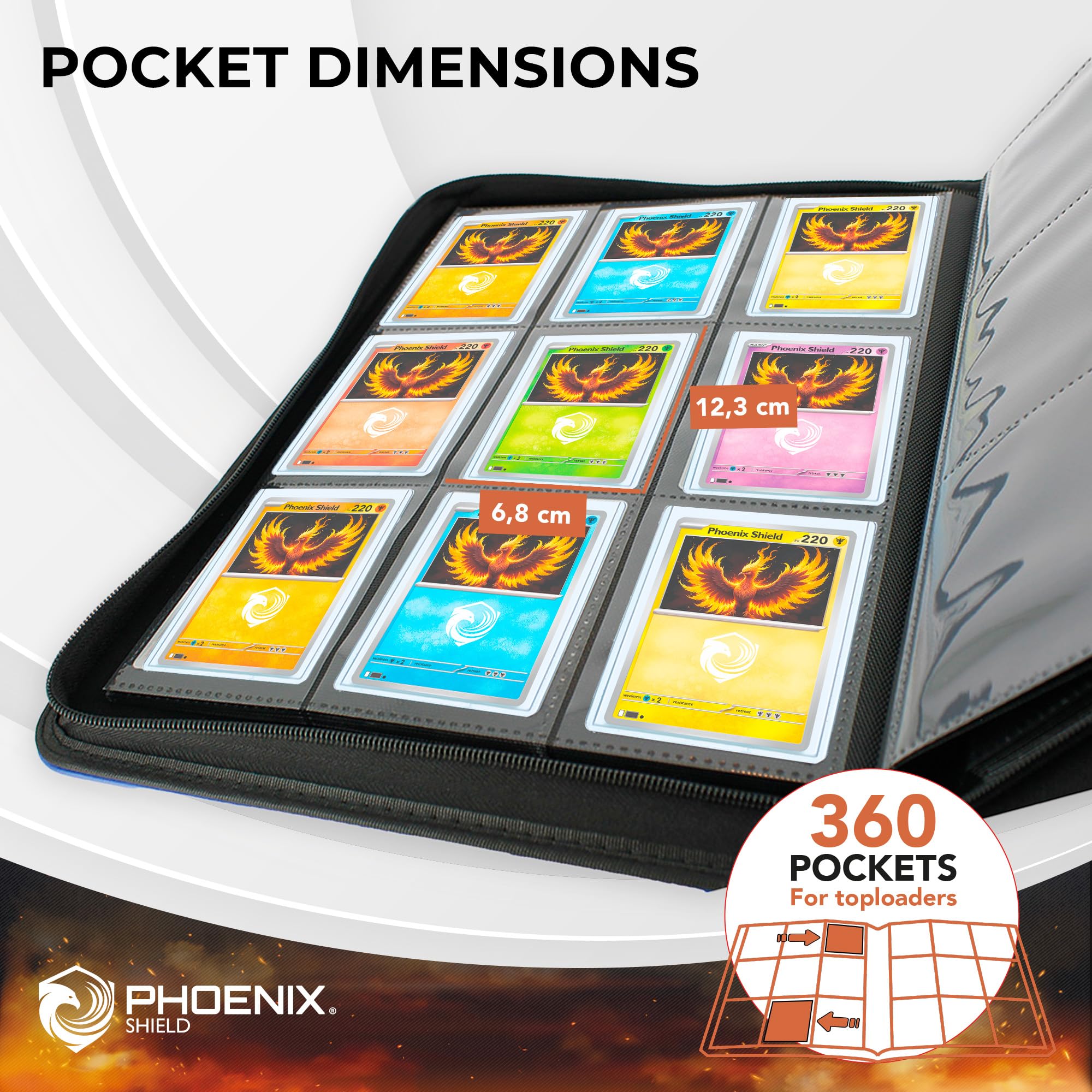 Phoenix Shield 69109 – Album Gris effet cuir 9 pochettes pour cartes en toploader (360 cartes) – Classeur rigide à fermeture éclair avec ouverture latérale