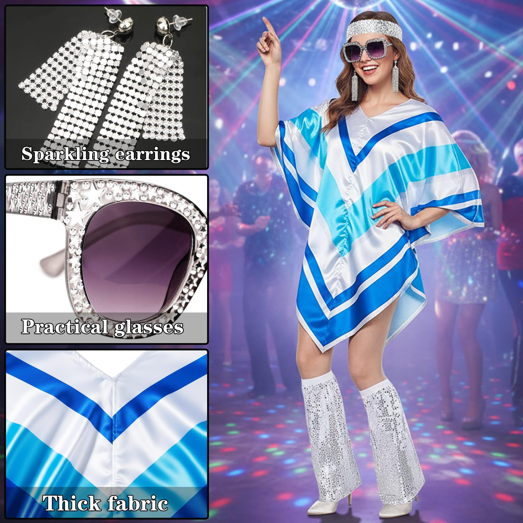 Xietaea 70er Jahre Abba Kostüm Damen - Disco Outfit Set mit Poncho Glitzer Stirnband Ohrringe und Sonnenbrille, Pailletten Beinwärmer für Karneval Fasching Party Halloween Verkleidung