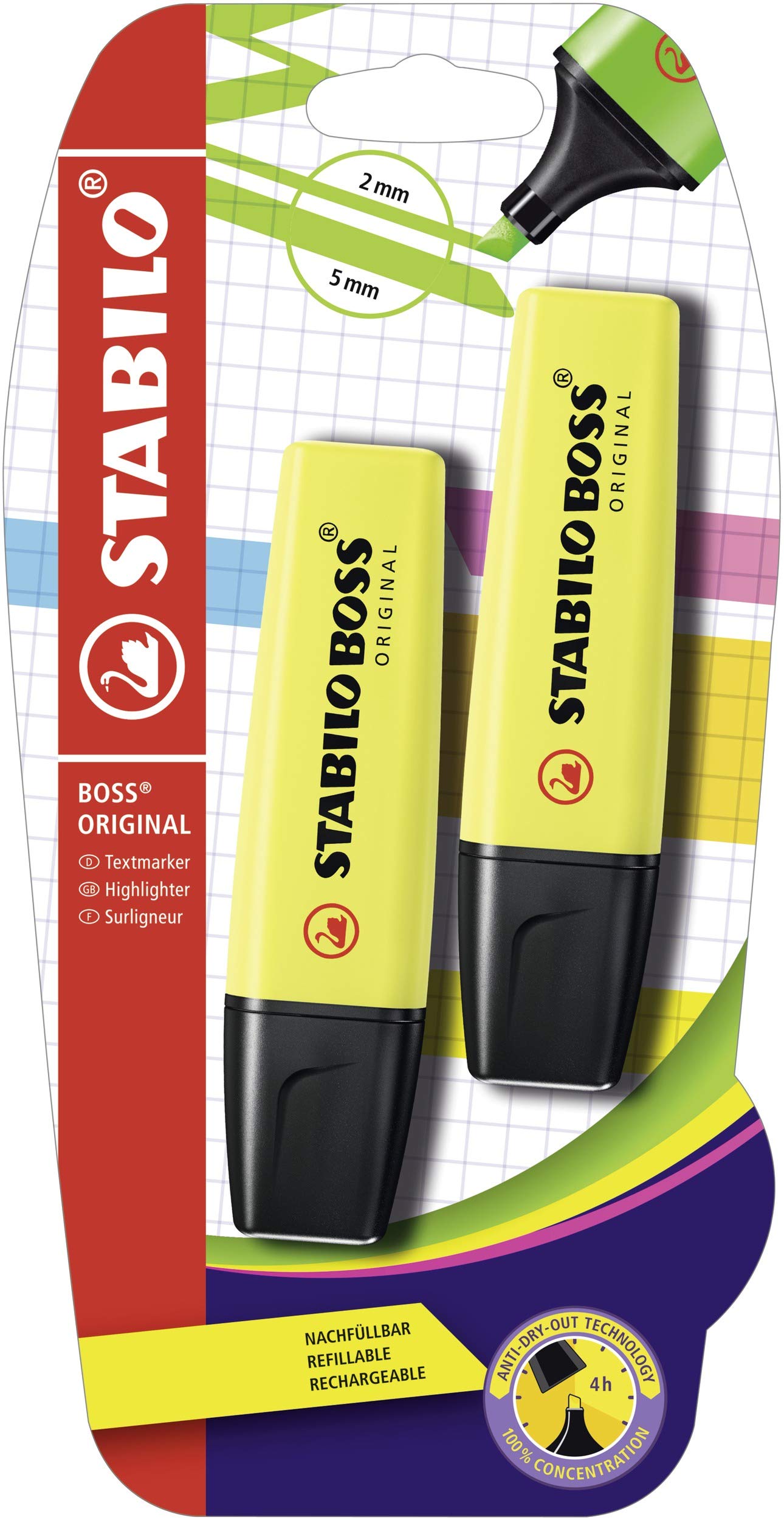 Highlighter - STABILO BOSS ORIGINAL - 10 x Pack of 2 - Yellow