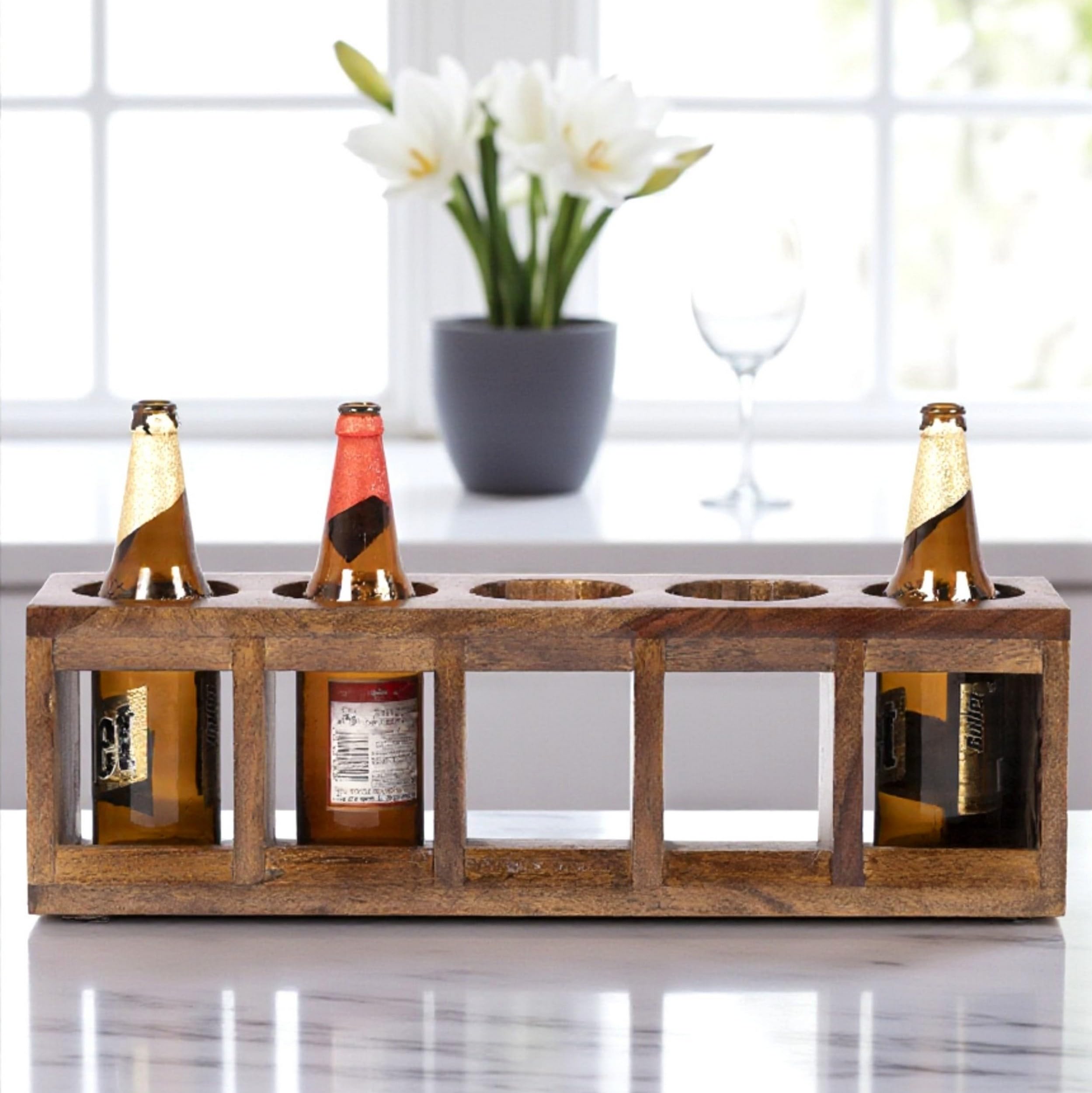 Ikiriya Sheesham Wood Storage Wine Bottle Rack | Solid Wooden Bottle Rack for 5 Bottles Cabinet for Home Bar & Restaurant_(Teak Finish)-image-44