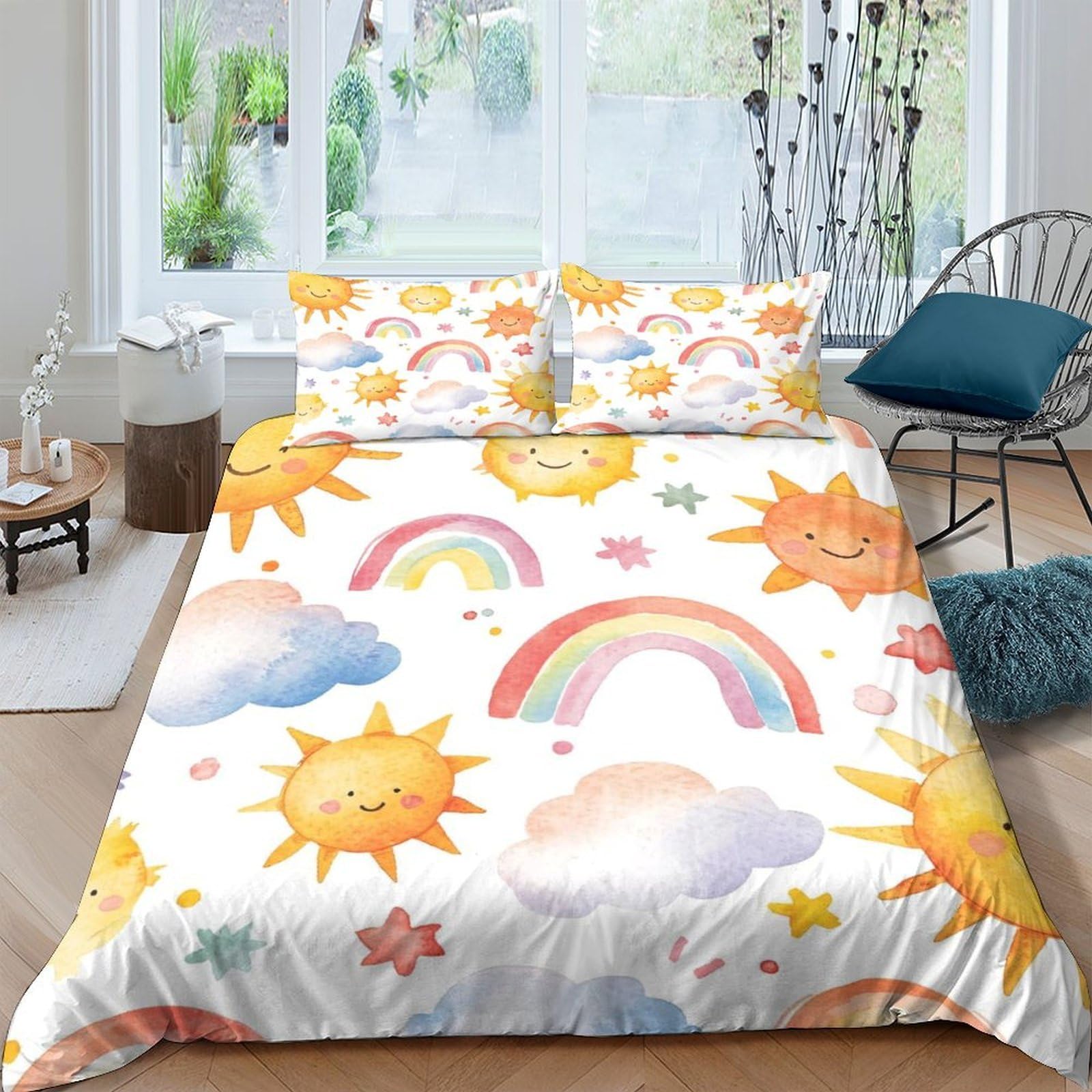 Ctjqhvkz Style-3 3D Printed Sunshine Rainbow Fitted Sheet Microfiber Soft Clouds Bed Cover For Bedroom Guest Room Decor Protection Single（135X200cm）