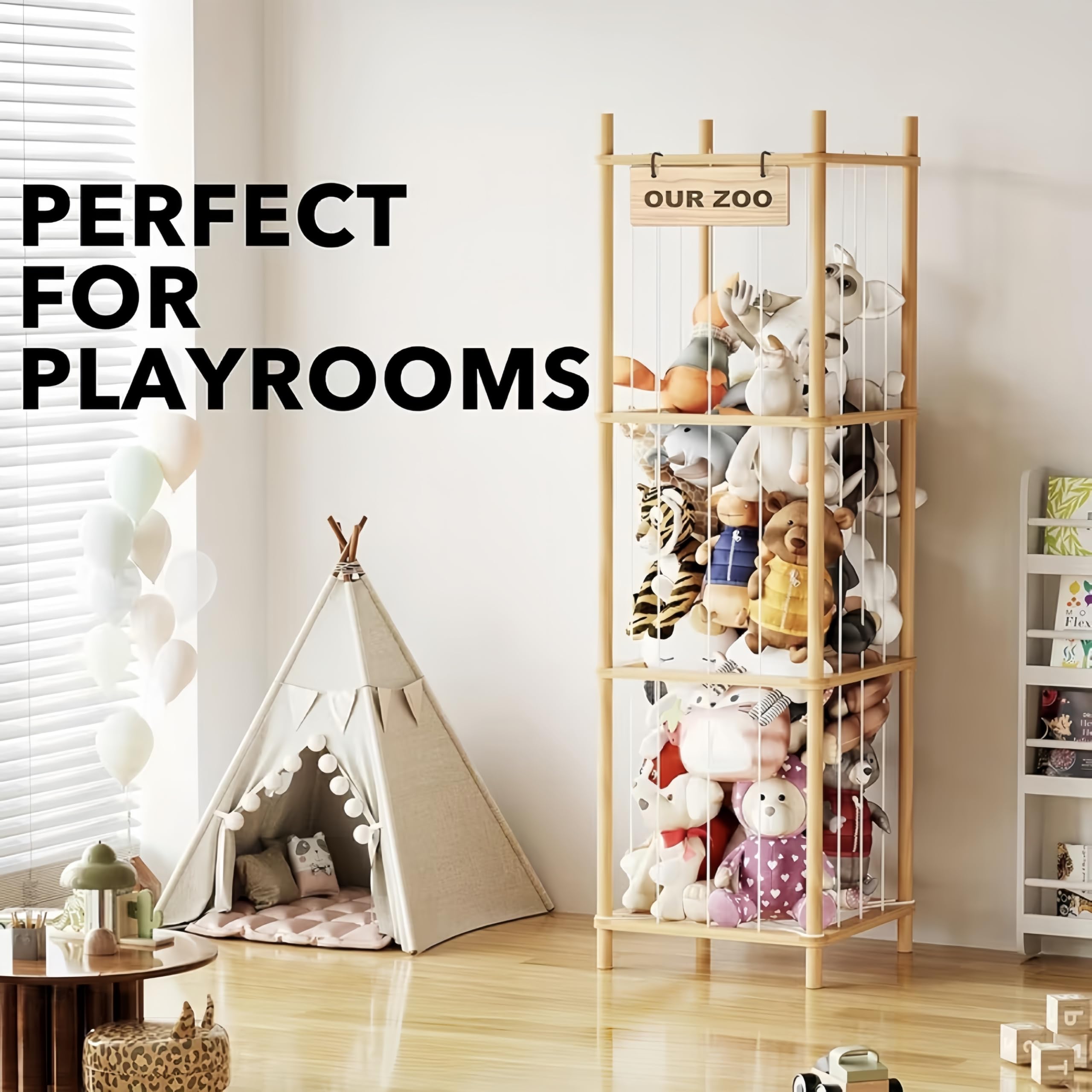 Estantería Organizadora de Peluches en Madera de Pino Natural - Almacenaje de Juguetes para Niños y Niñas 40x40x136 cm - Diseño Creativo Que Ahorra Espacio Ideal para Sala de Juegos