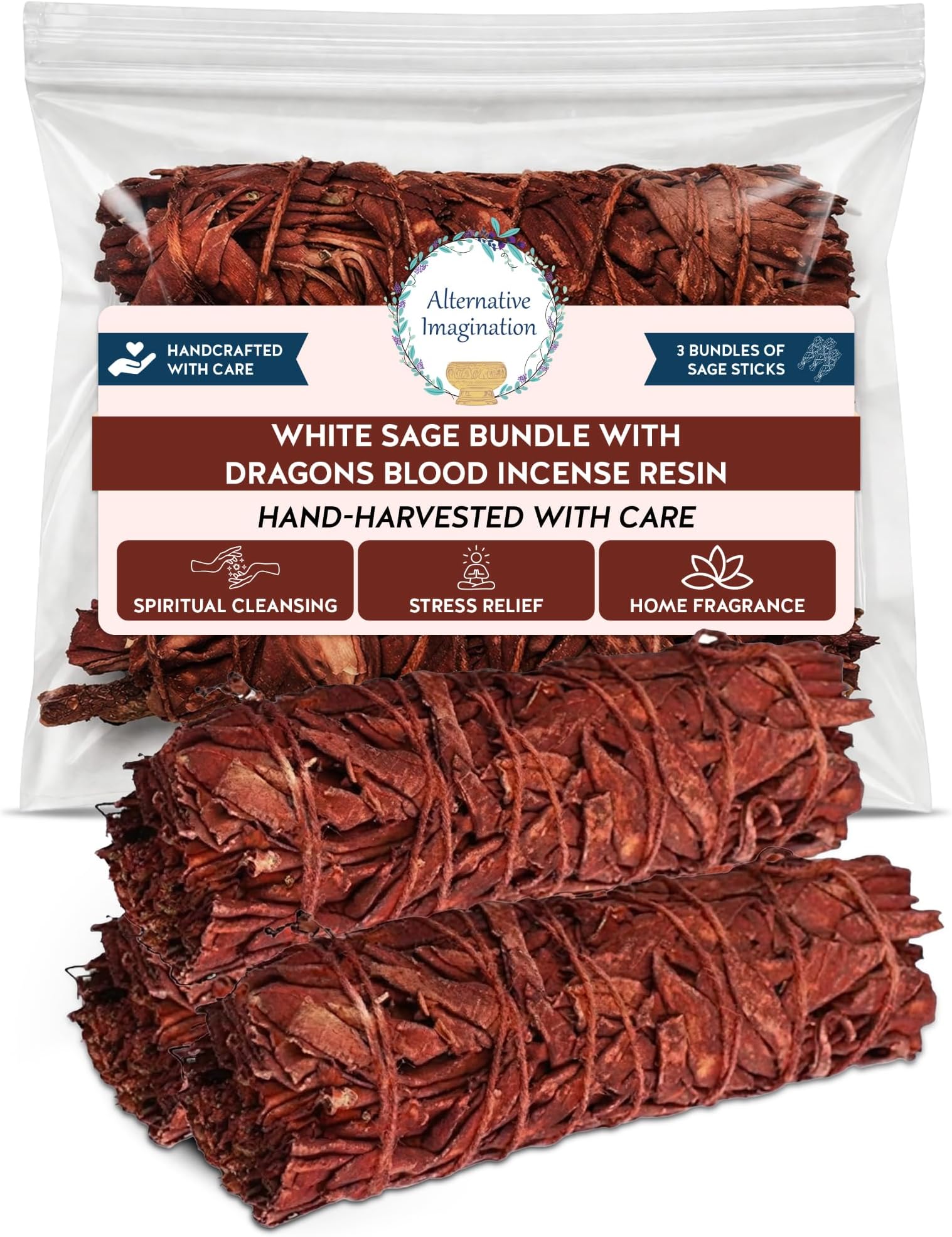 White Sage Bundle with Dragons Blood Incense Resin - Sage Sticks for Spiritual Cleansing, Stress Relief, Witchcraft Supplies, Home Fragrance - 3 Pack