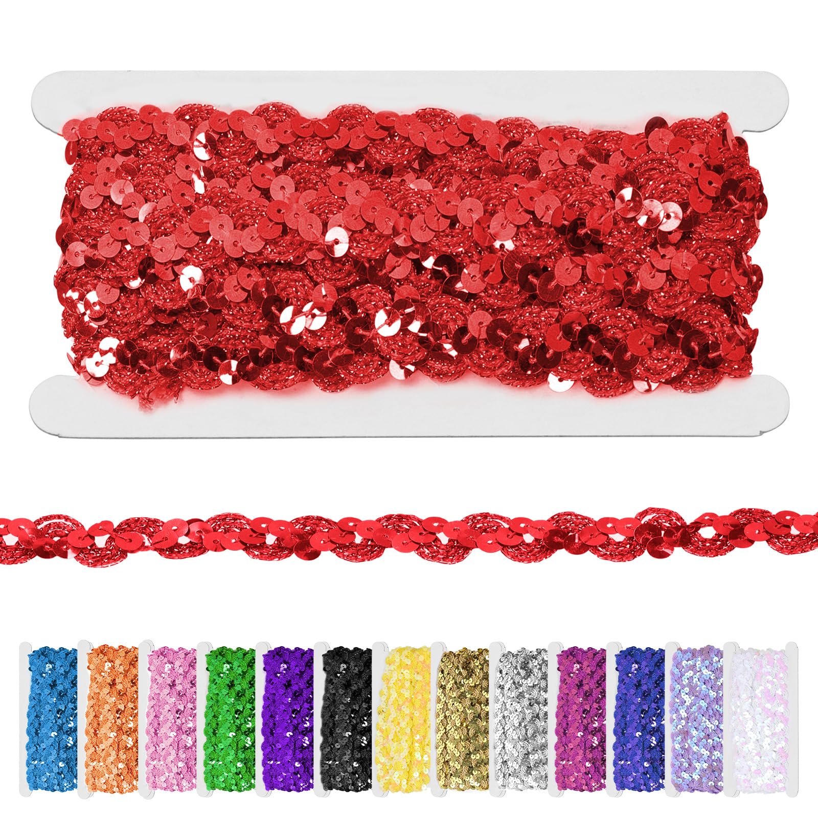 Glarks 1pc 11 Yard Red Sequins Beaded Lace Trim, 1.5cm/0.6in Wave Sequin Braid Trim Strip, Red Sequins Ribbon Trim for DIY Sewing Costume, Crafts, Embellishments