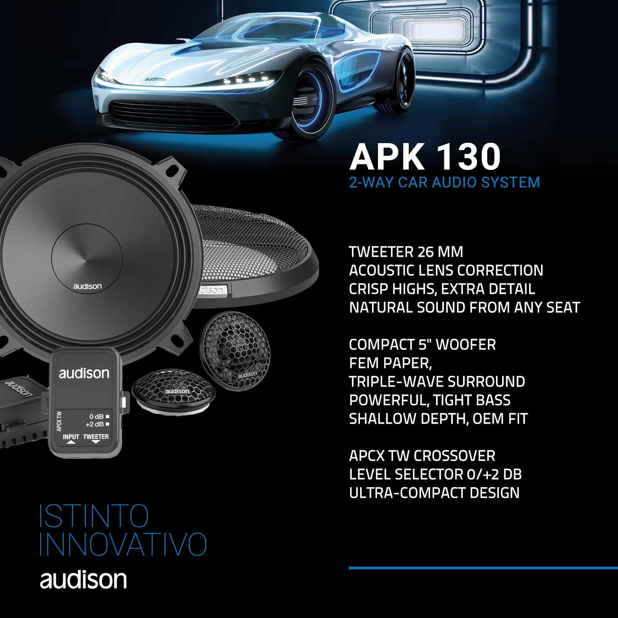 Audison,Głośniki samochodowe Prima APK 130 o średnicy 13 cm, system dwudrożny, moc skuteczna 225 W, moc maksymalna 450 W, impedancja 4 Ohm, czułość 93 dB, pasmo przenoszenia 70-20000 Hz, kolor czarny