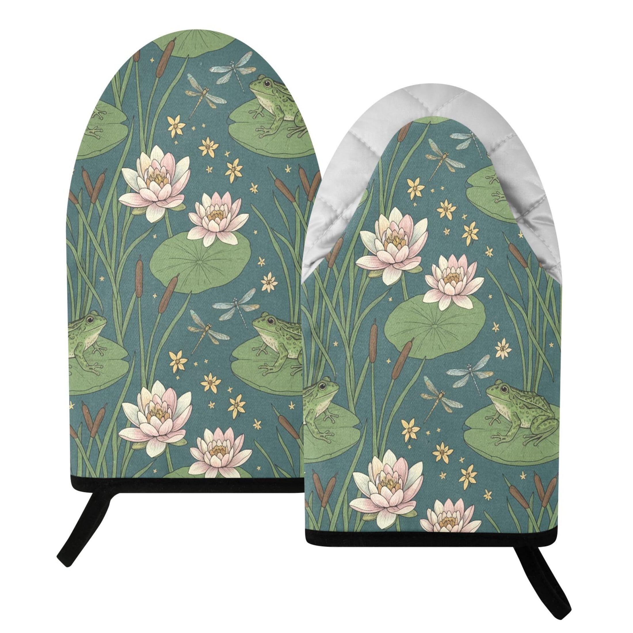 Kutsu Frog Lotus Oven Mitts for Kitchen, Heat Resistant Cotton Oven Gloves for BBQ Baking Cooking, Breathable Kitchen Essentials, 2 pcs