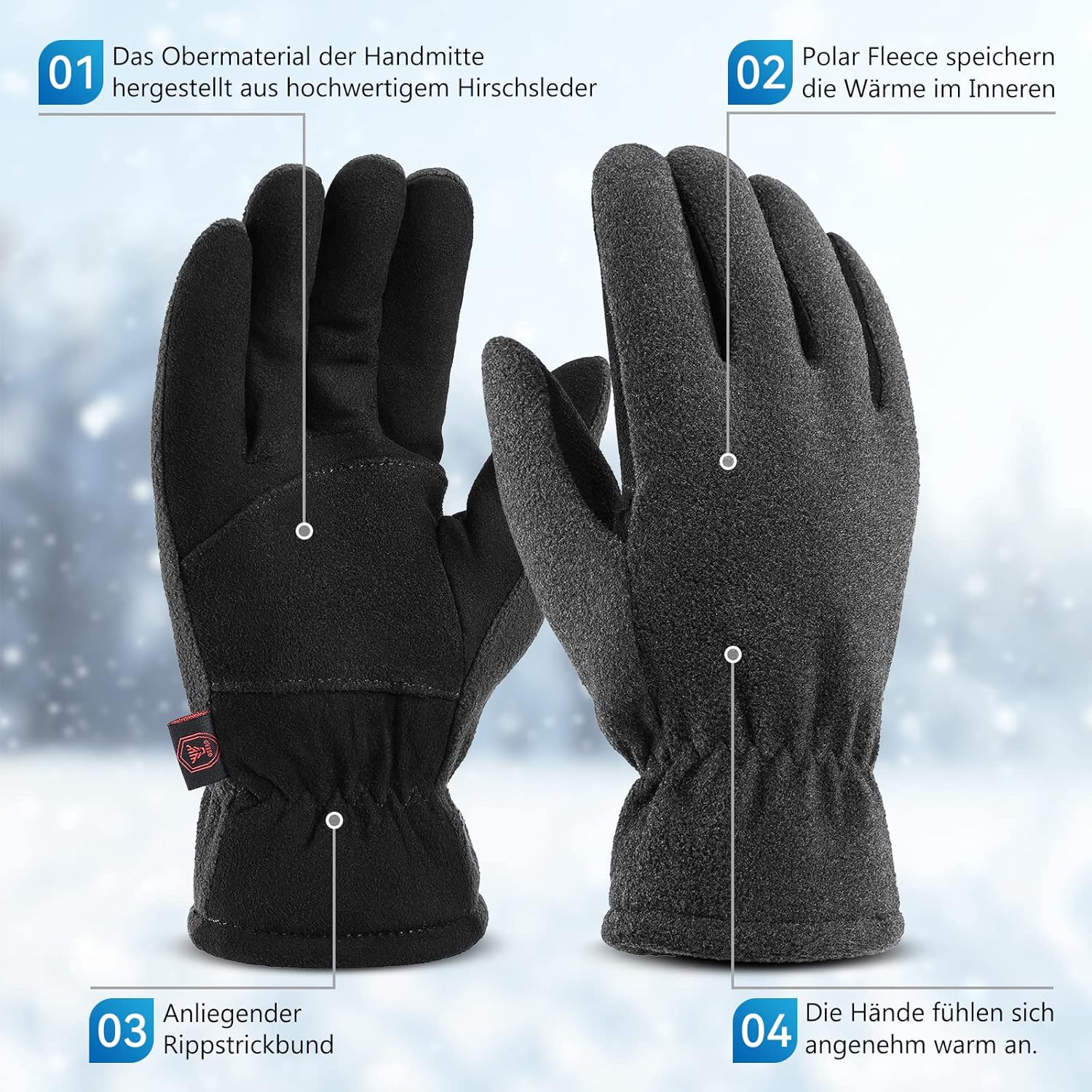Winter Gloves for Men Women: -20°F Thermal Warm Deerskin Polar Fleece Cotton Glove - Image 2