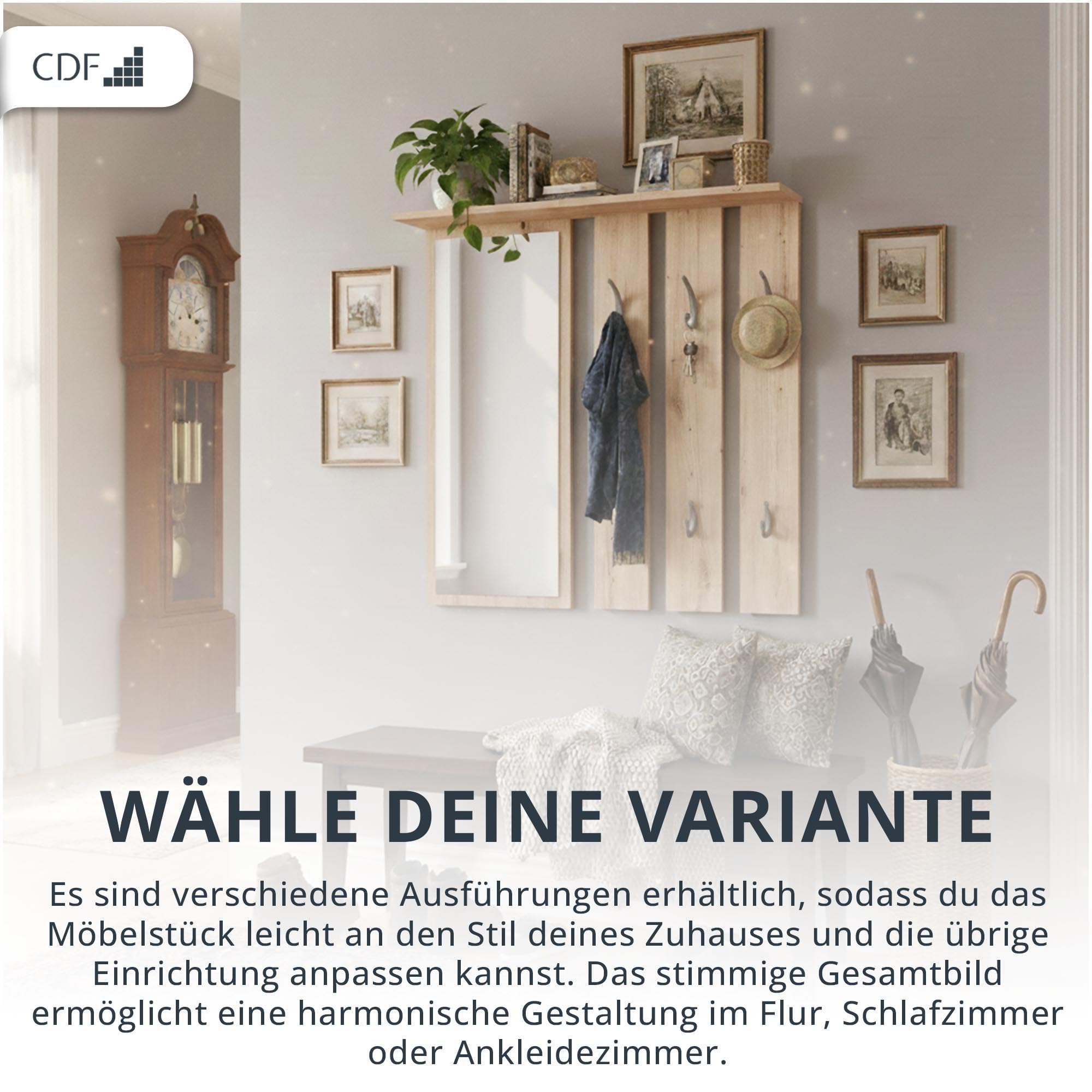 CDF Kleiderständer Opal | Farbe: Eiche Sonoma | Platz für Kleidungen, Mäntel, Jacken | Ideal für EIN Vorzimmer, Flur, Arbeitszimmer, Büro | 6 Haken | Einlageböden | großer Spiegel