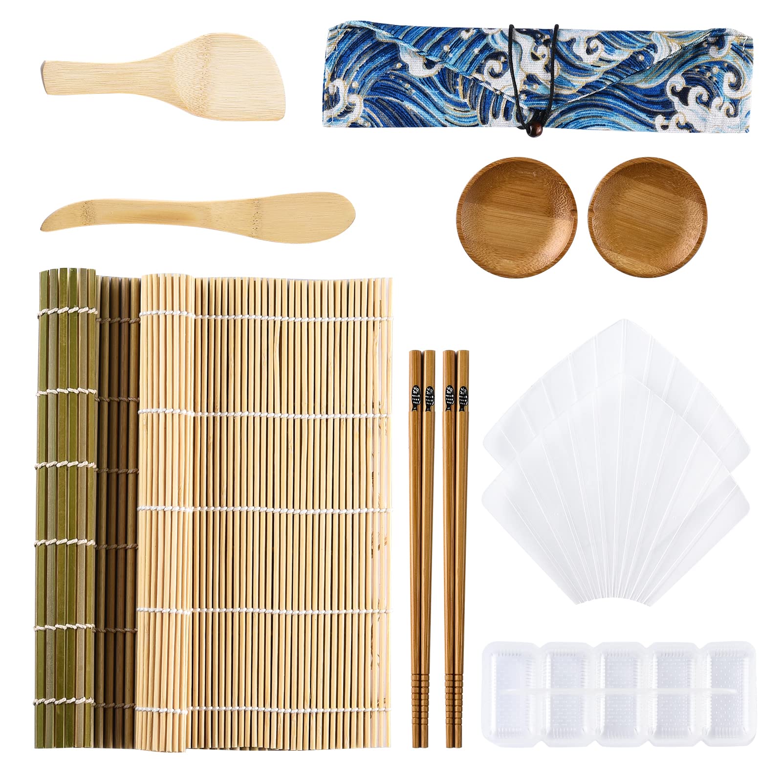 ShipeeKin11pcs Sushi Making Kit, Sushi Rolling Bamboo Mats 2pack with Rice Paddle Spreader + Temaki Roller + 5-Grid Rice Mold + 2pcs Sauce Plates + 2 Pairs Chopsticks with Storage Bag