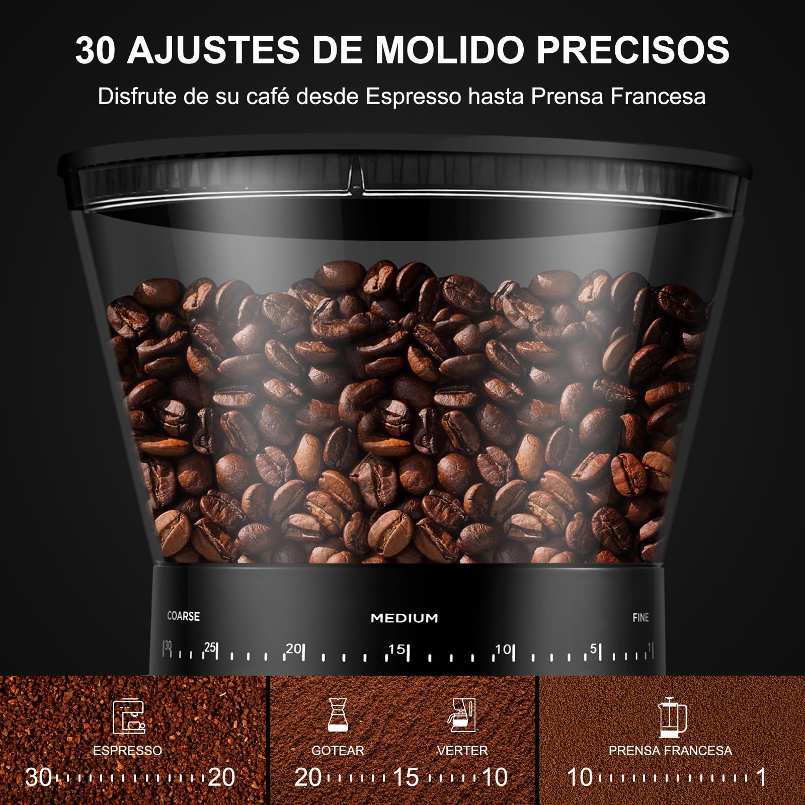 AMZCHEF Molinillo Cafe Electrico 160W | 30 Ajustes de Molido Grueso a Fino | 1-12 Tazas o Hasta 40 Segundos | Molinillo Café de Fresas | Capacidad de 300 g | Pantalla LCD y Temporizador Digital