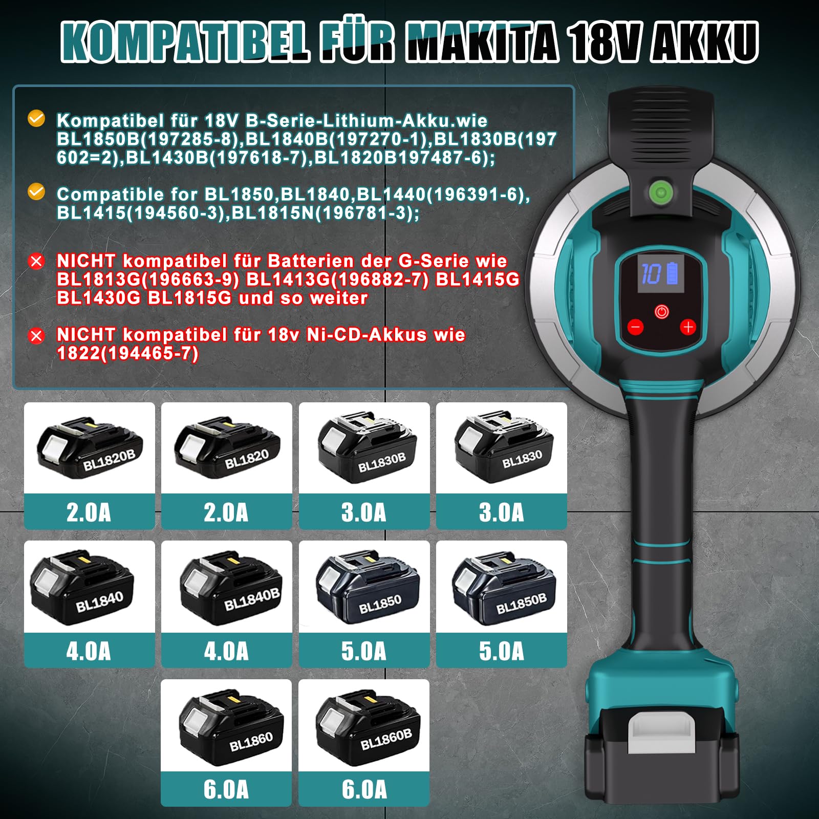 Vibrador baldosas sin cable para Makita 18 V batería, Máquina Pared Azulejos con 6 velocidades, ventosa de 14,8cm y 160 kg de adsorción para colocar baldosas de 30-120cm (Baterías no incluidas)