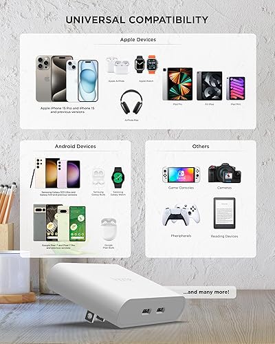 Vista 7 de iHome Multiport 40W USB-C Charger, AC Pro 2-Port Flat Block, Dual Fast Charging Wall Adapter Blanco