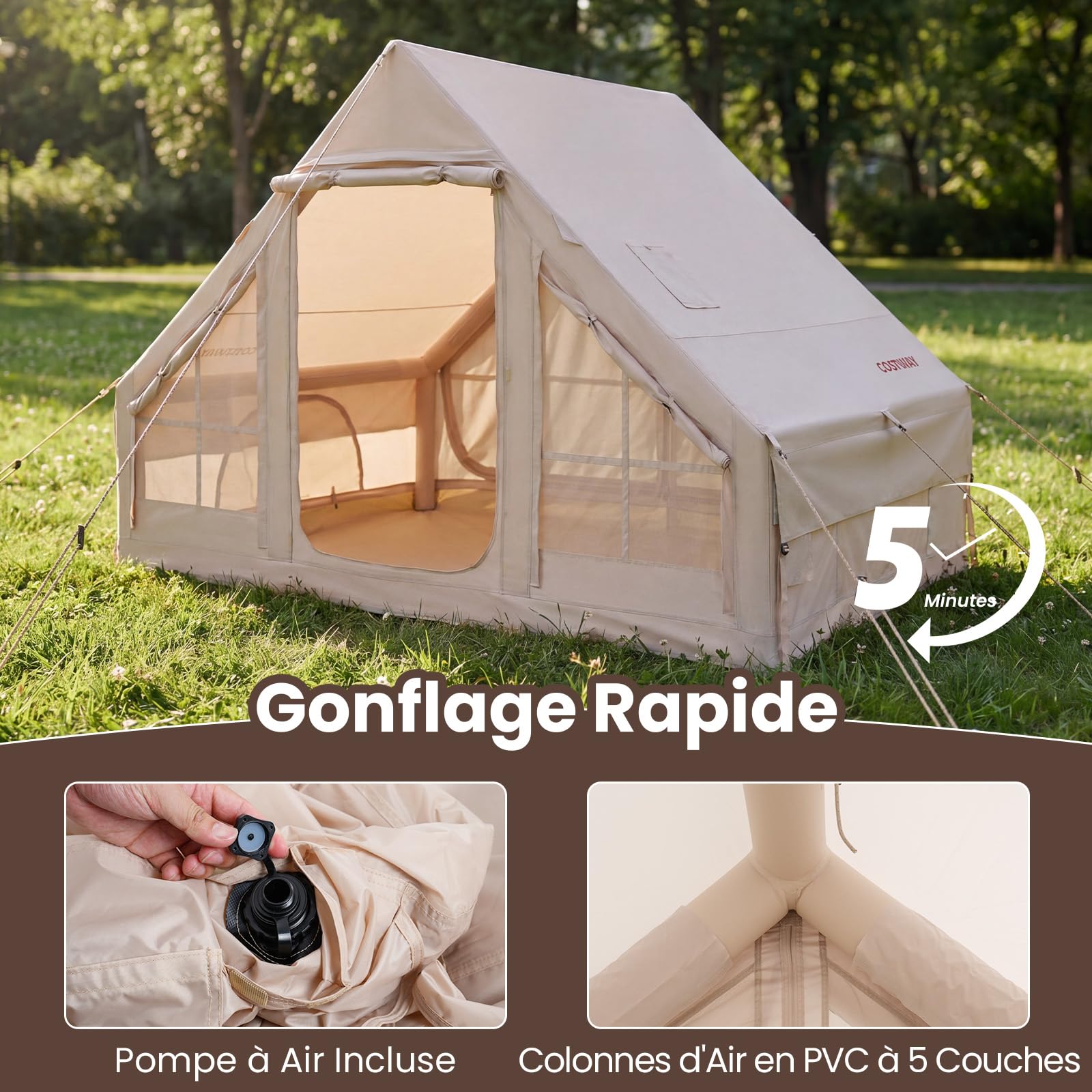COSTWAY Tente de Camping Gonflable, Grande Tente Portable 4 Personnes avec Pompe à Air Ouverture de Cheminée Port Climatiseur, pour Voyage Camping, 295 x 205 x 200 cm, Kaki
