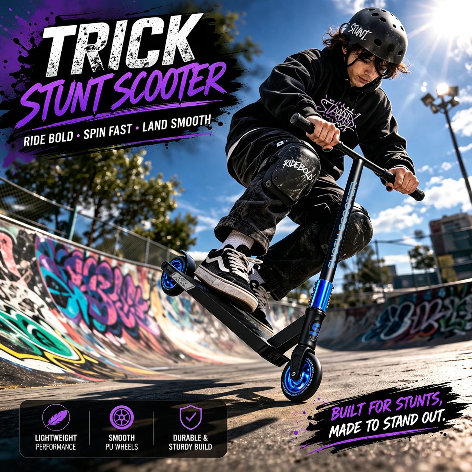 Monopattino Freestyle, Sterzo a 360°, Monopattino da Trick con Ruote in PU 85A 100 mm, Stunt Scooter per Bambini Adolescente e Adulti, Capacità di Carico: 100 kg, Alluminio