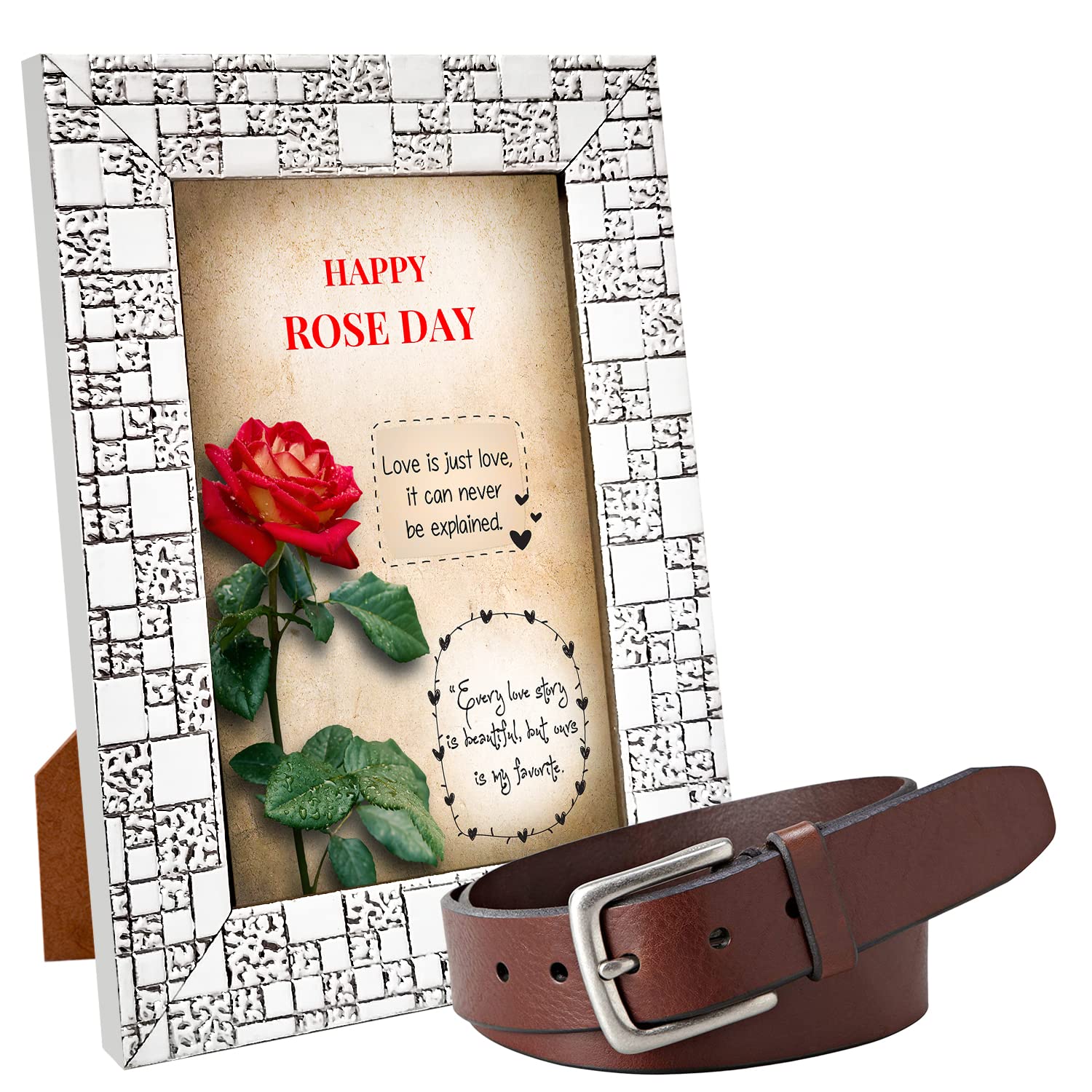 GIFT MY PASSION Happy Rose Day Love Boyfriend/Girlfriend Quotation Photo Frame with Brown Belt for Men Hamper Pack of 2 Gift for Him