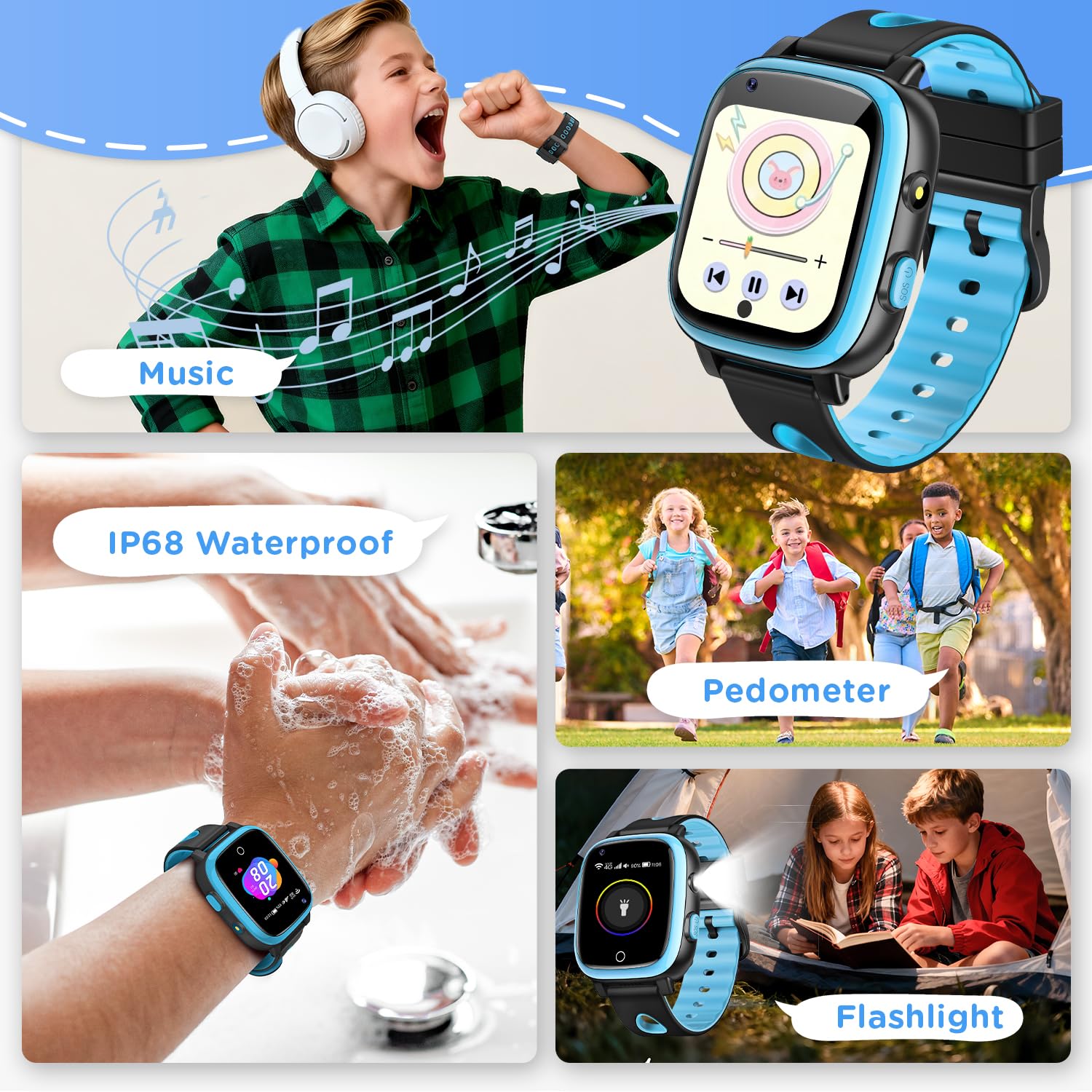 2026 Nuevo 4G Reloj Inteligente Niño con Videollamada & GPS, SOS, Chat de Voz, IP68 Impermeable, Modo Escuela, Podómetro, Despertador, Flashcard, Regalo para Niños y Niñas de 4 a 15 Años Azul — view 5