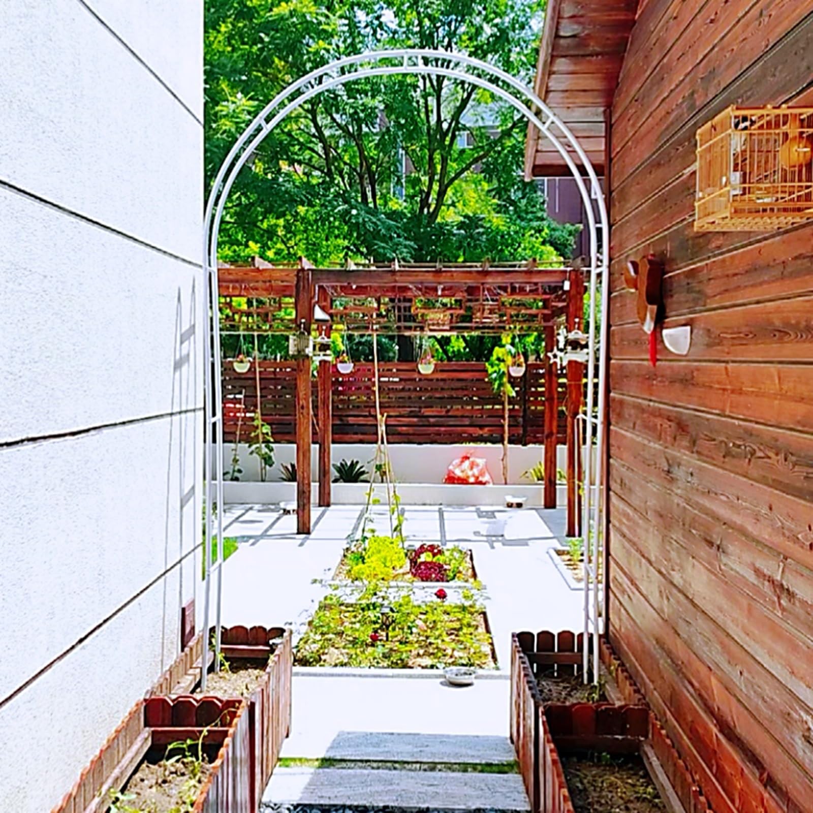 Weißer schmiedeeiserner Blumenbogen, Gartenpavillon, Pflanzenstütze, Klettergerüst, dekorativer Gartenunterstand (280 x 250 x 40 cm) – perfekt für Hochzeiten und Veranstaltungen