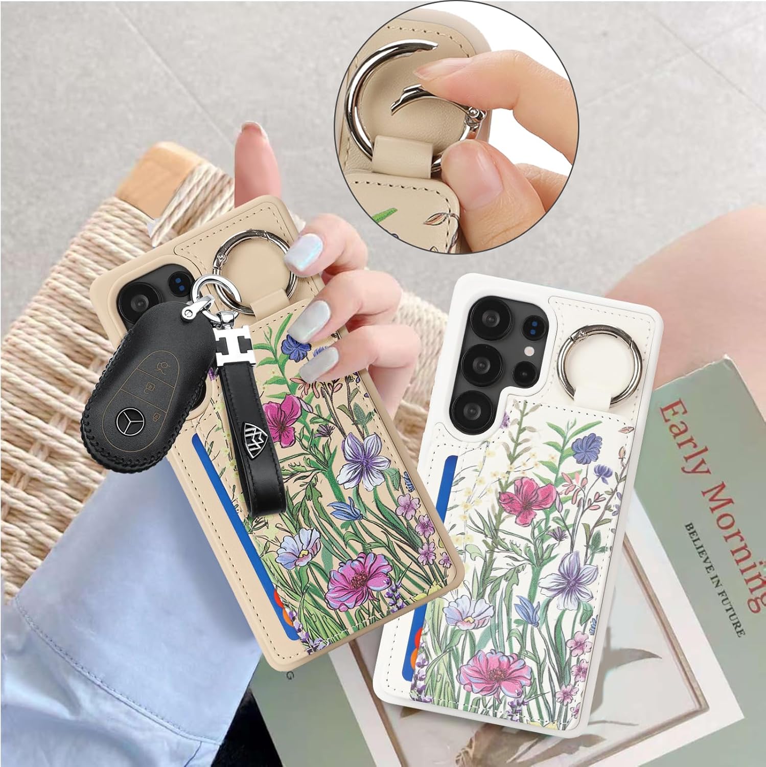 Havaya for Samsung Galaxy S25 Ultra Case Wallet with Card Holder Keychain Ring Stand PU Leather Phone case Floral Flower with Credit Card Slots Women Men-Beige Flower 3 - Image 6