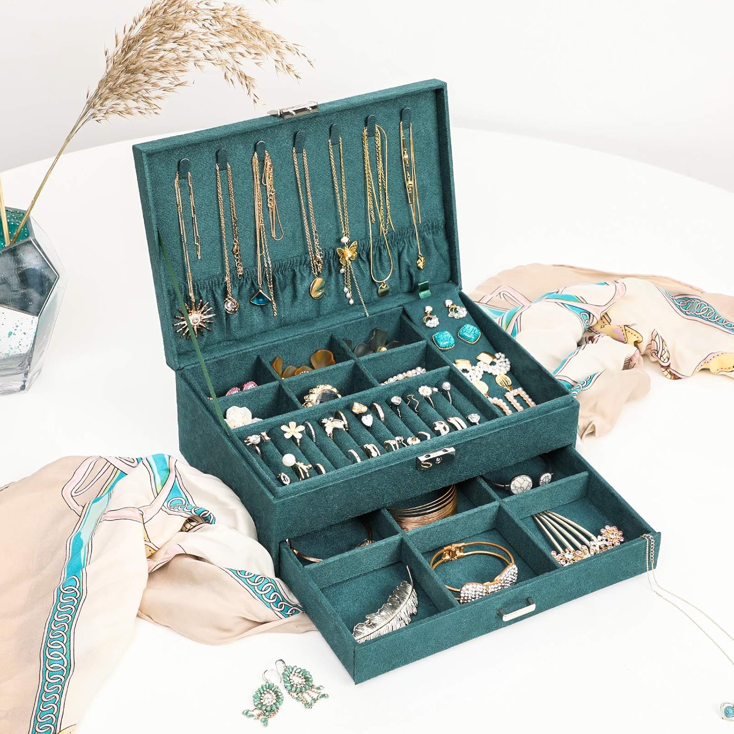 SONGMICS 2-Tier Jewelry Case with Drawer, Key, Necklace Hooks, Ring Rolls, Stud Panel, Storage Slots, Green: Furniture & Decor