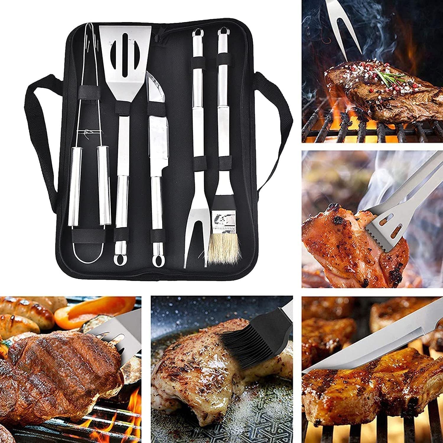 Zestaw akcesoriów do grilla, 5 szt. Przyborów do grillowania Zestaw narzędzi, Narzędzia do grillowania ze stali nierdzewnej Prezent na grilla, kemping