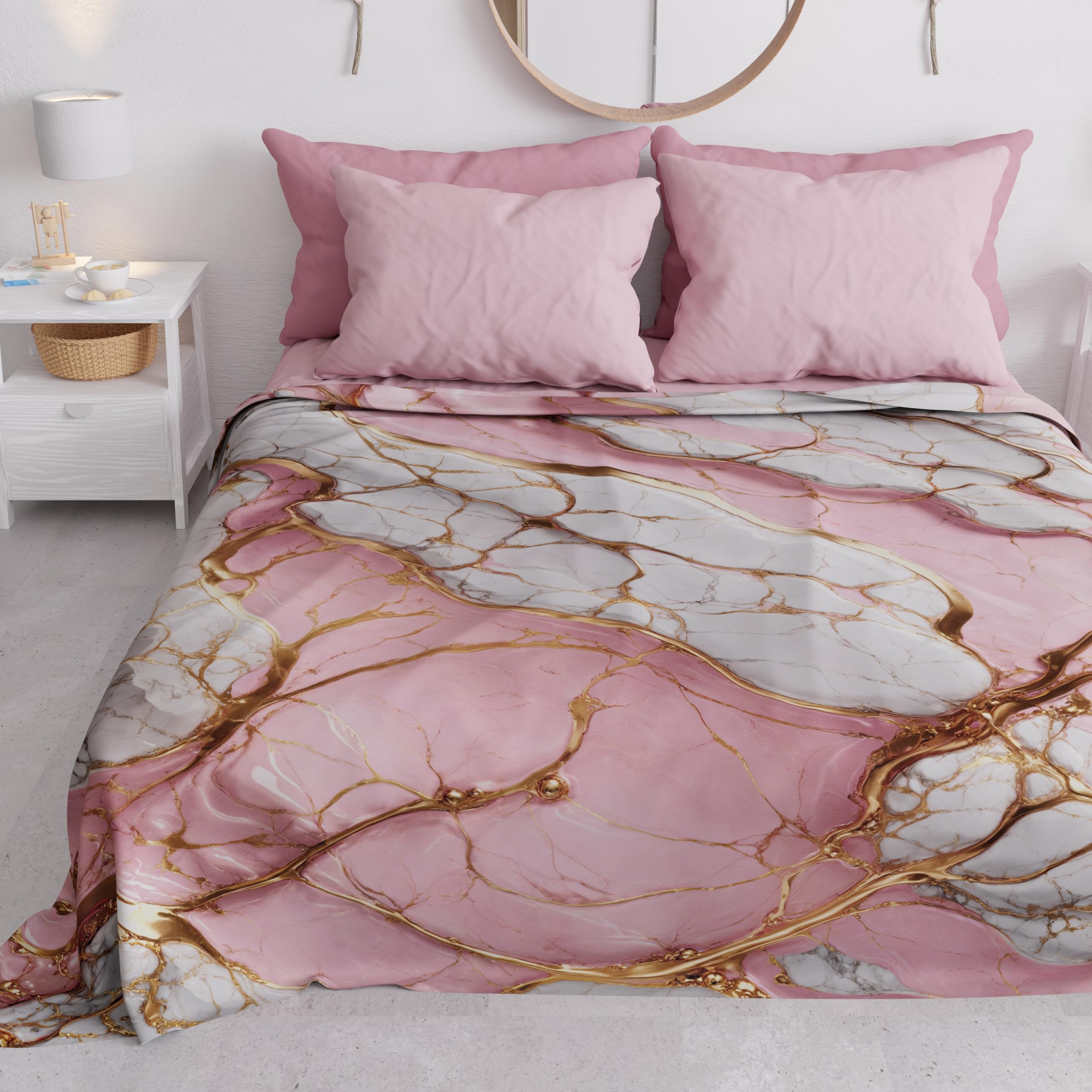 PETTI Artigiani Italiani - Spring-Summer Double Bed Bedspread Light Blanket Queen Size Bed Sheets Pink Marble 100% Made in Italy