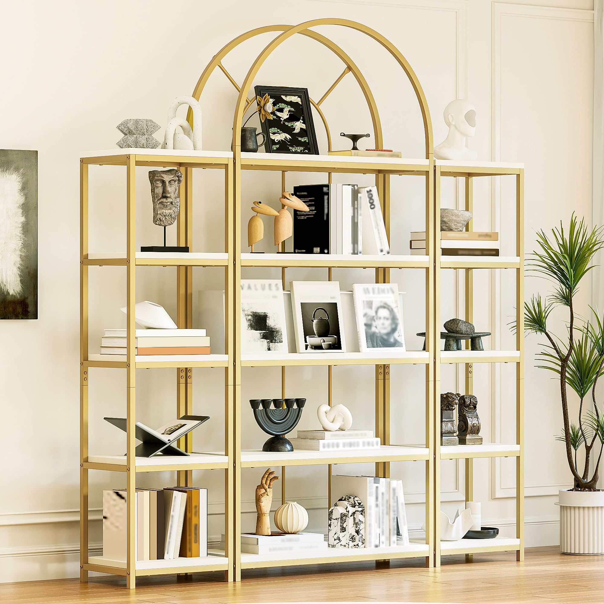 SUKY Juego de estanterías modulares con marco de metal dorado, suelos de MDF blanco, estantería de 3 piezas con diseño de arco, estantería para salón, cocina, oficina, vitrina, estantería, estantería