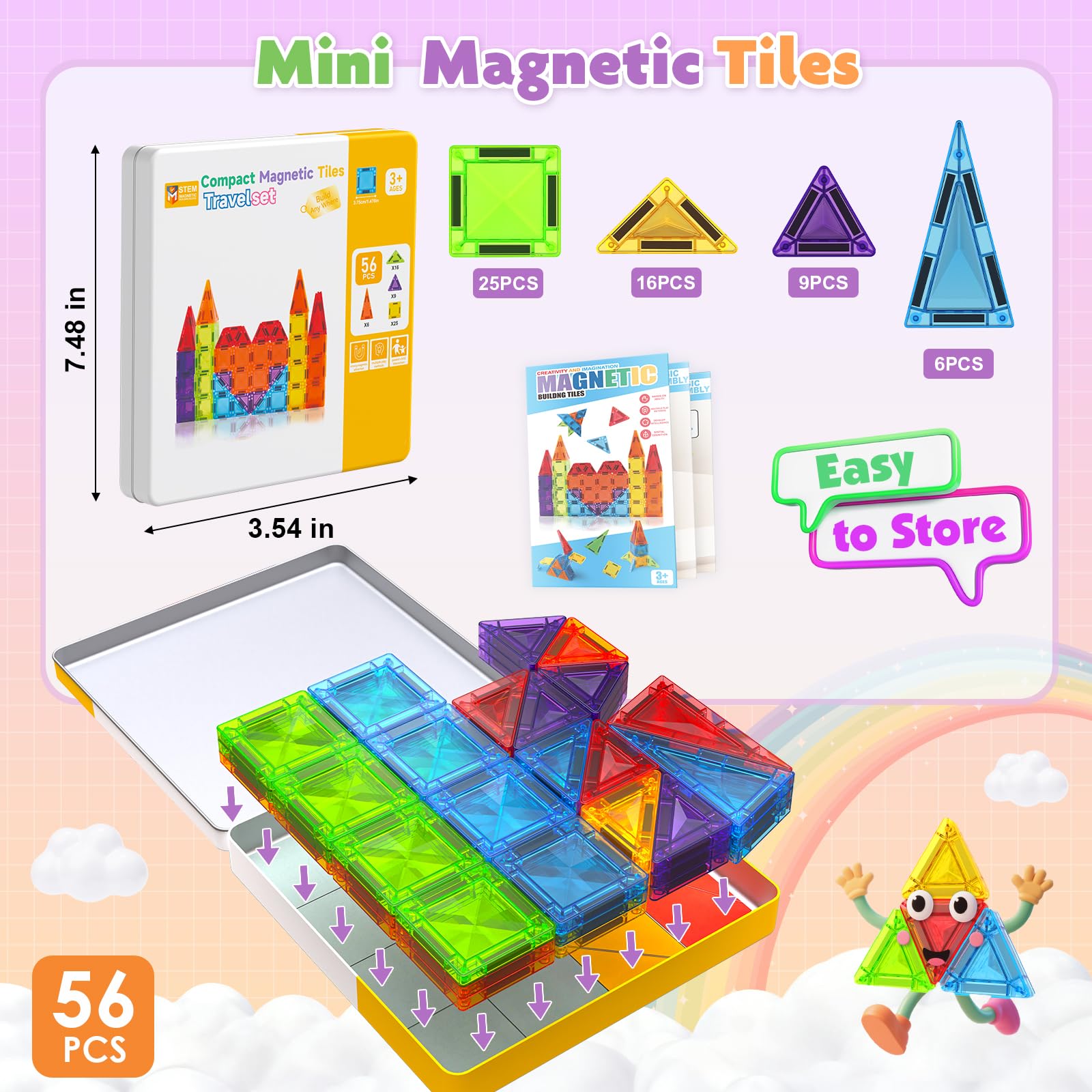 Costruzioni Magnetiche per Bambini 56 Pezzi in Valigetta Metallica - Gioco da Viaggio per Costruire Castelli, Razzi e Aerei - Giocattolo Montessori 3+ Anni - Blocchi Magnetici Regalo Creativo STEM