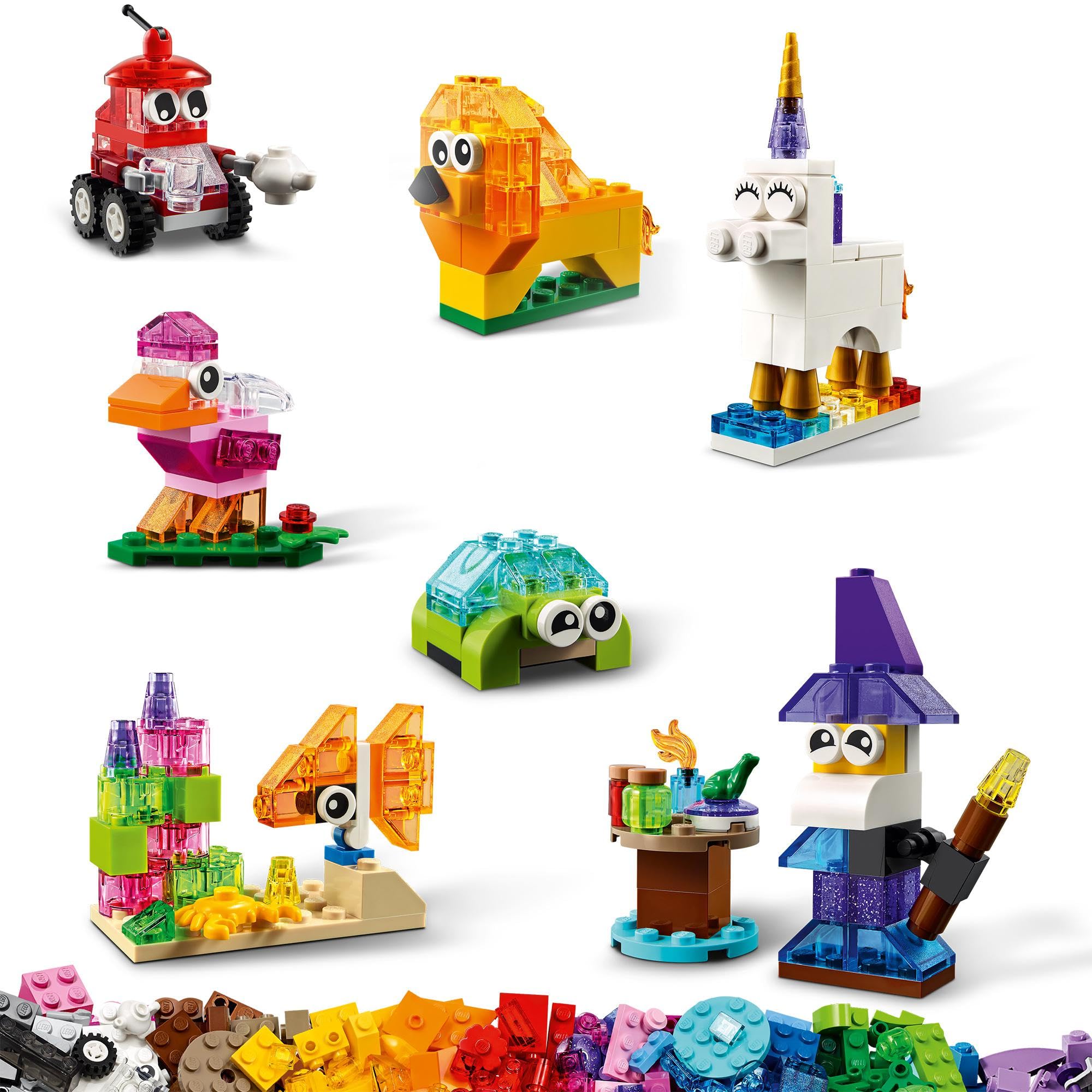 LEGO Classic Ladrillos Creativos Transparentes, Juego de Construcción para Hacer Figuras de Animales de Juguete o Vehículos, Regalo para Niños y Niñas de 4 Años o Más 11013