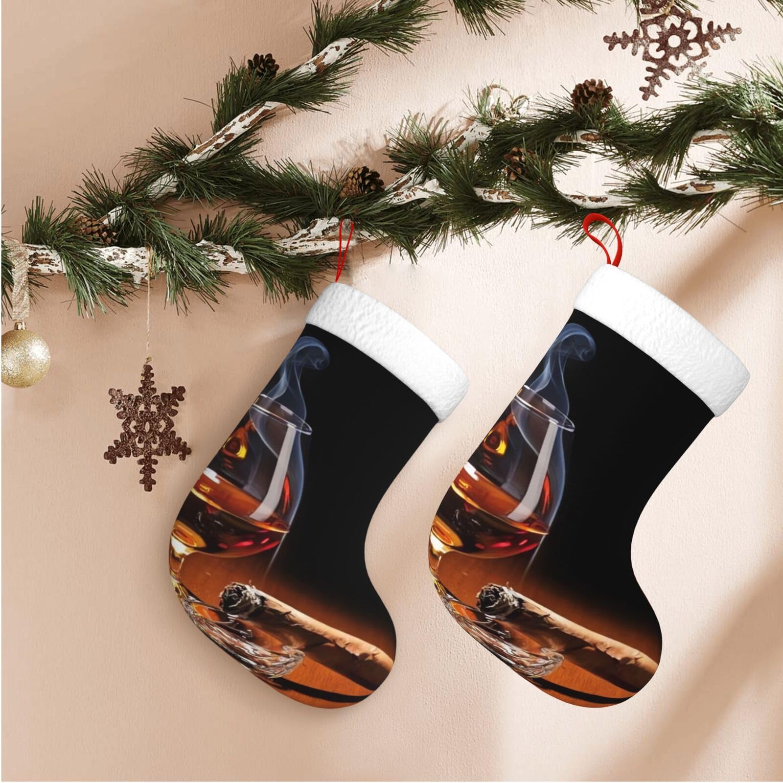 BONDIJ Whiskey Cup Print Christmas Stockings with Plush Cuff Personalized Xmas Stockings Christmas Ornaments for Stairs Fireplace Hanging Xmas Home Decor