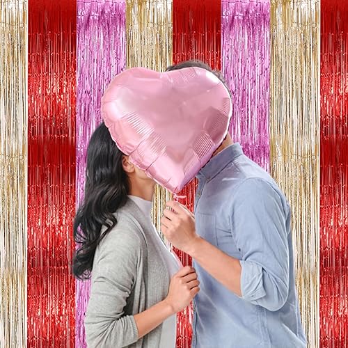 Miniatura 6 de Paquete de 2 cortinas de flecos metálicos para el día de San Valentín de 3.2 x 9.8 pies, cortinas de oropel rojo, morado, oro rosa, serpentinas,