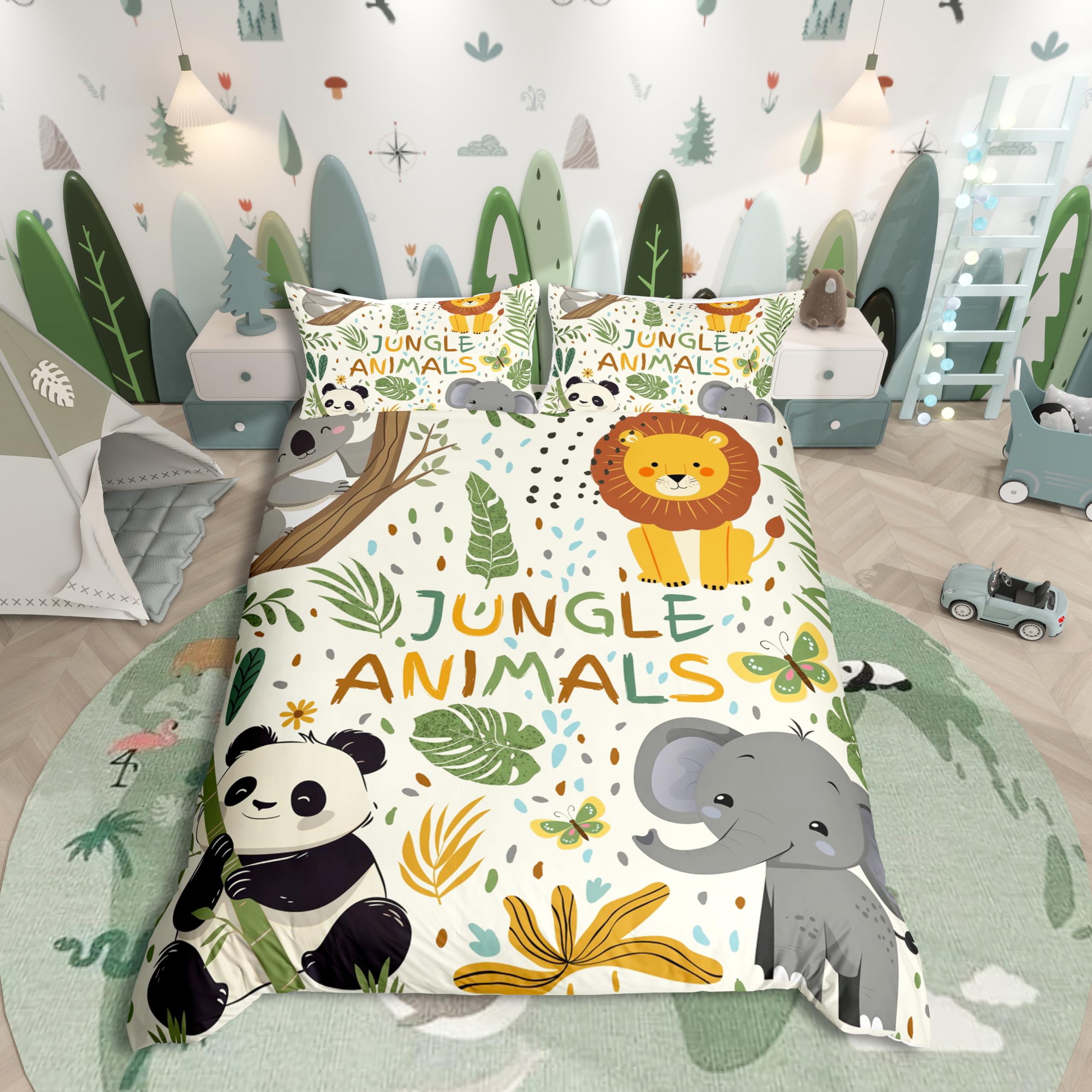 Parure De Lit 90x190 Enfant TKCQX Jungle Animaux - Housse De Couette Éléphant Zèbre Tigre Lion