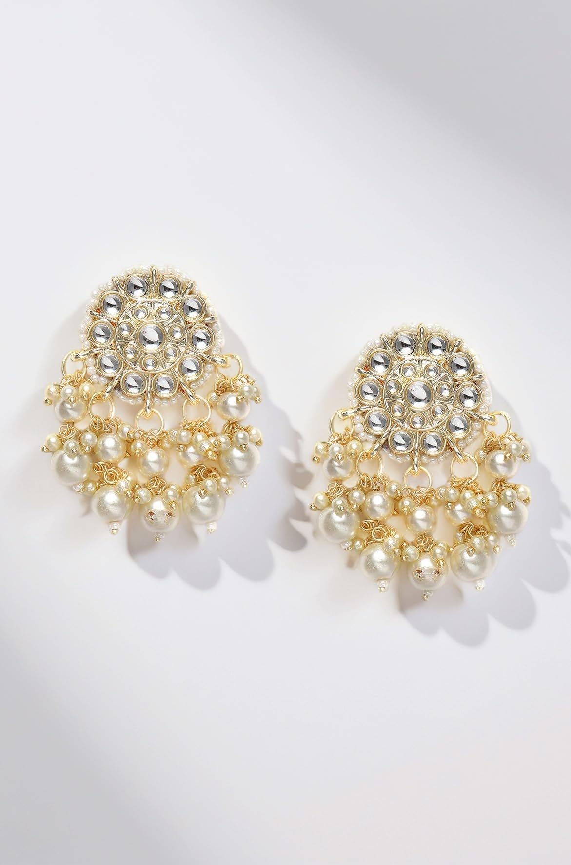 Gold Tone Kundan & Pearls Wedding Collection Dangle Earring For Women-ZPFK10097