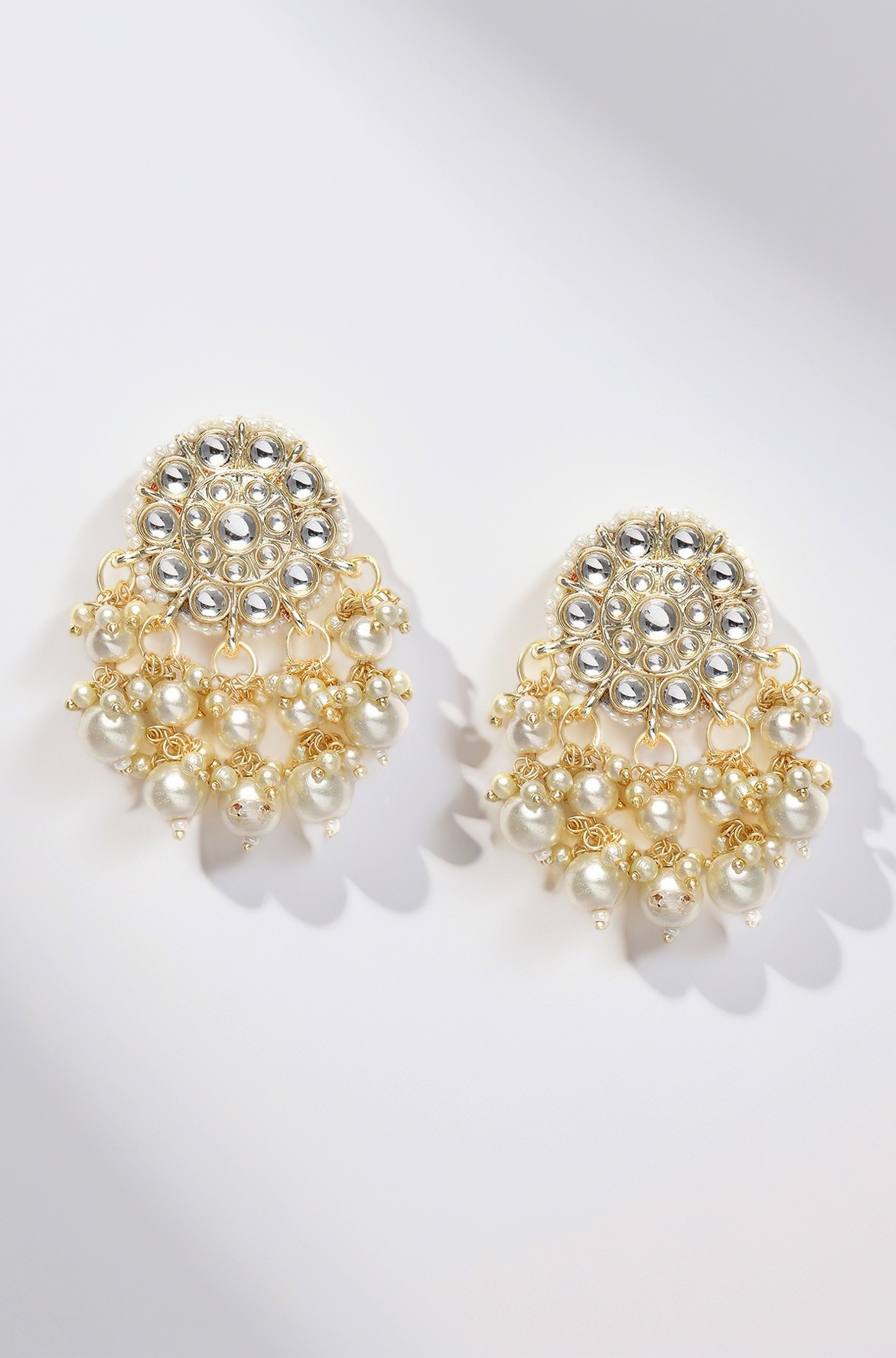 Gold Tone Kundan & Pearls Wedding Collection Dangle Earring For Women-ZPFK10097