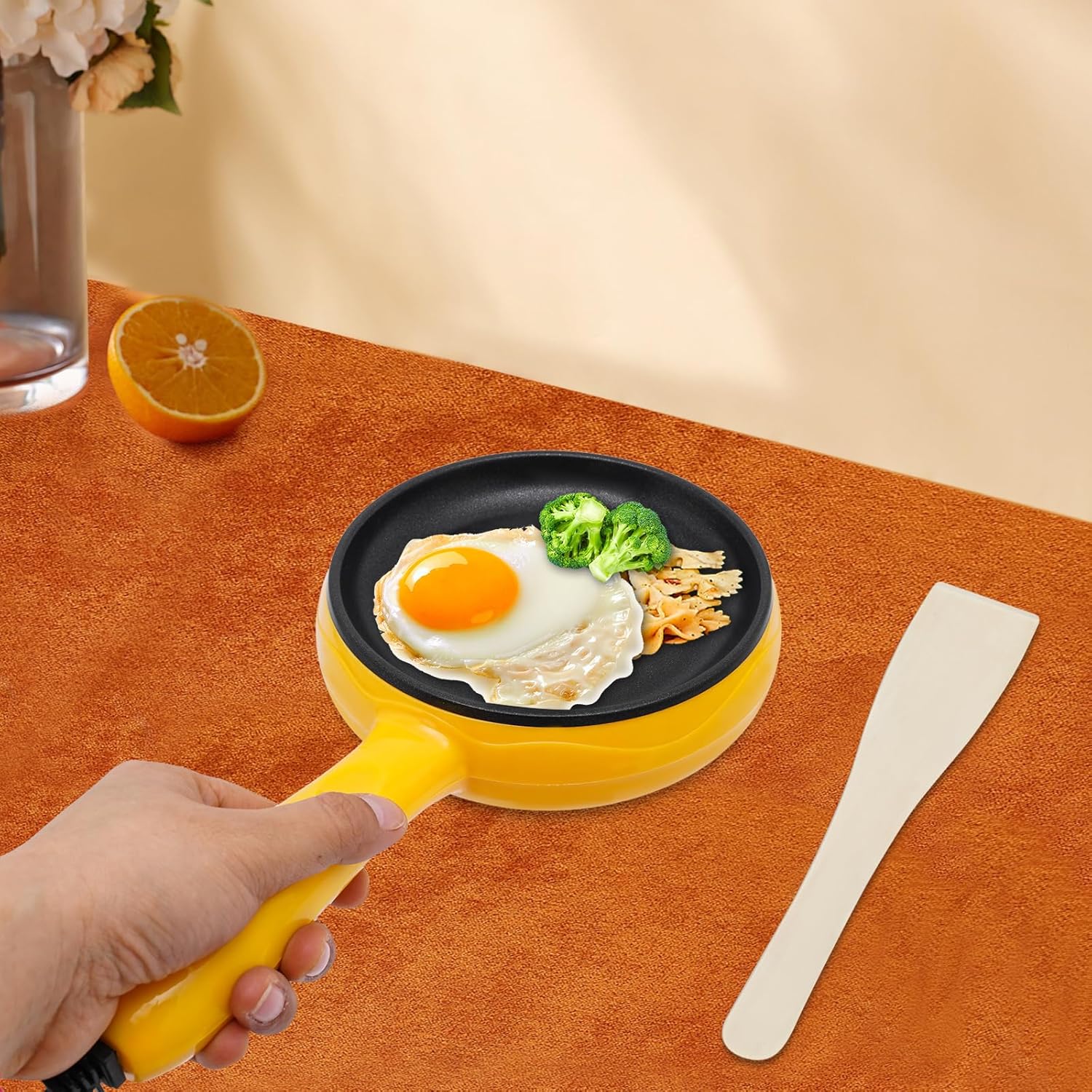 450W Yellow Electric Skillet, 110V Non-Stick Electric Skillet with Handle, Max. Heating Temperature 180°C/356°F Stainless Steel Mini Frying Pan, Egg Skillet for Frying Egg Dumpling Bacon Sausage