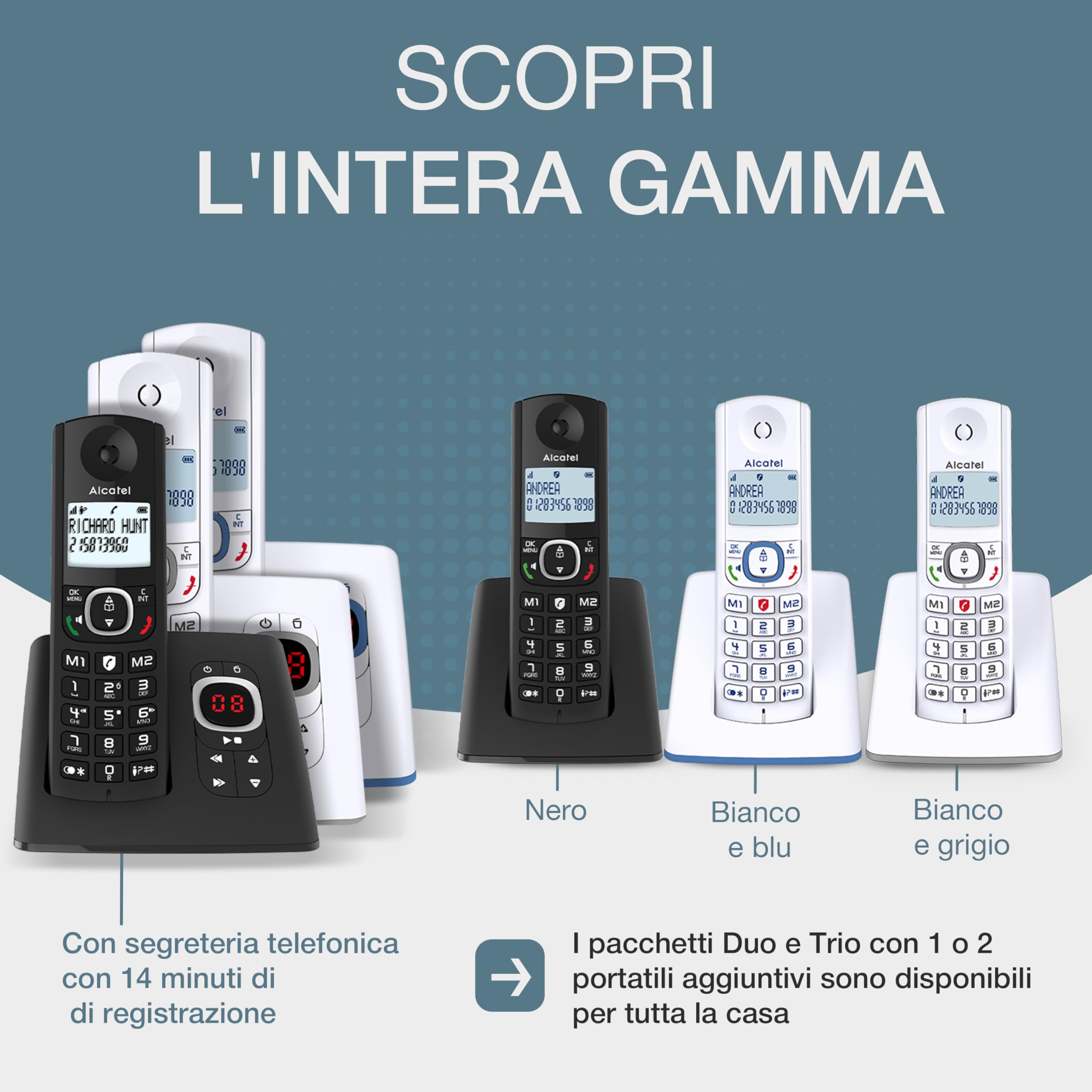ALCATEL F530 Voice Trio - Telefono fisso cordless DECT con segreteria - Grande display - Vivavoce - Funzione blocco chiamate - 2 tasti di memoria diretta - 3 portatili - Nero