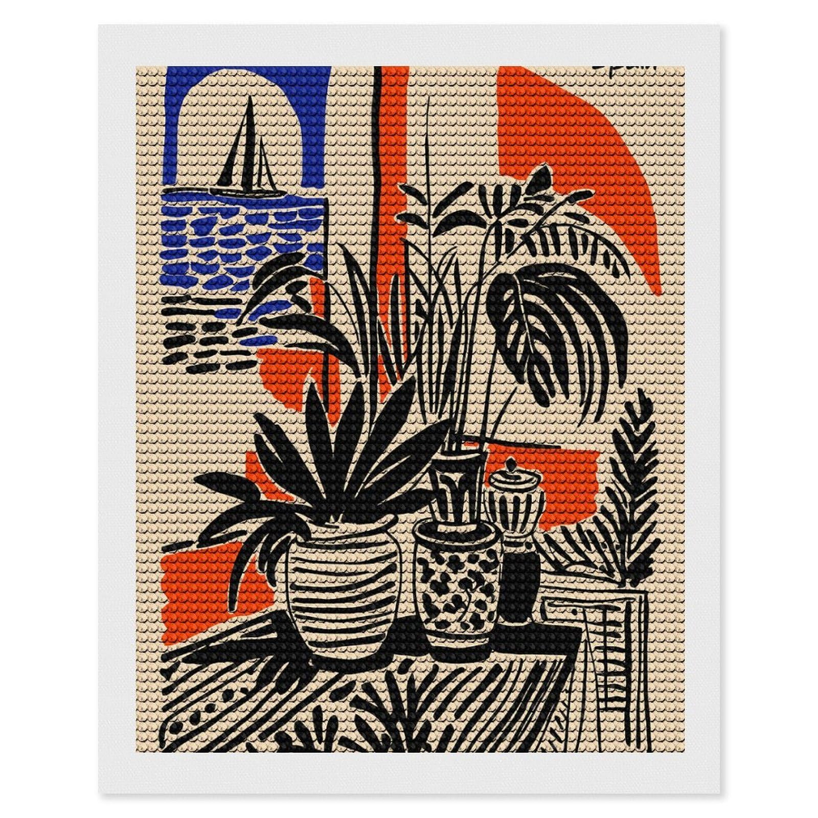 Junmoney Spain Still Life with Sailboat Diamond Painting Canvas Set 16"x20", Satisfying Creative Project, Easy to Follow Symbols, Fun Craft Experience