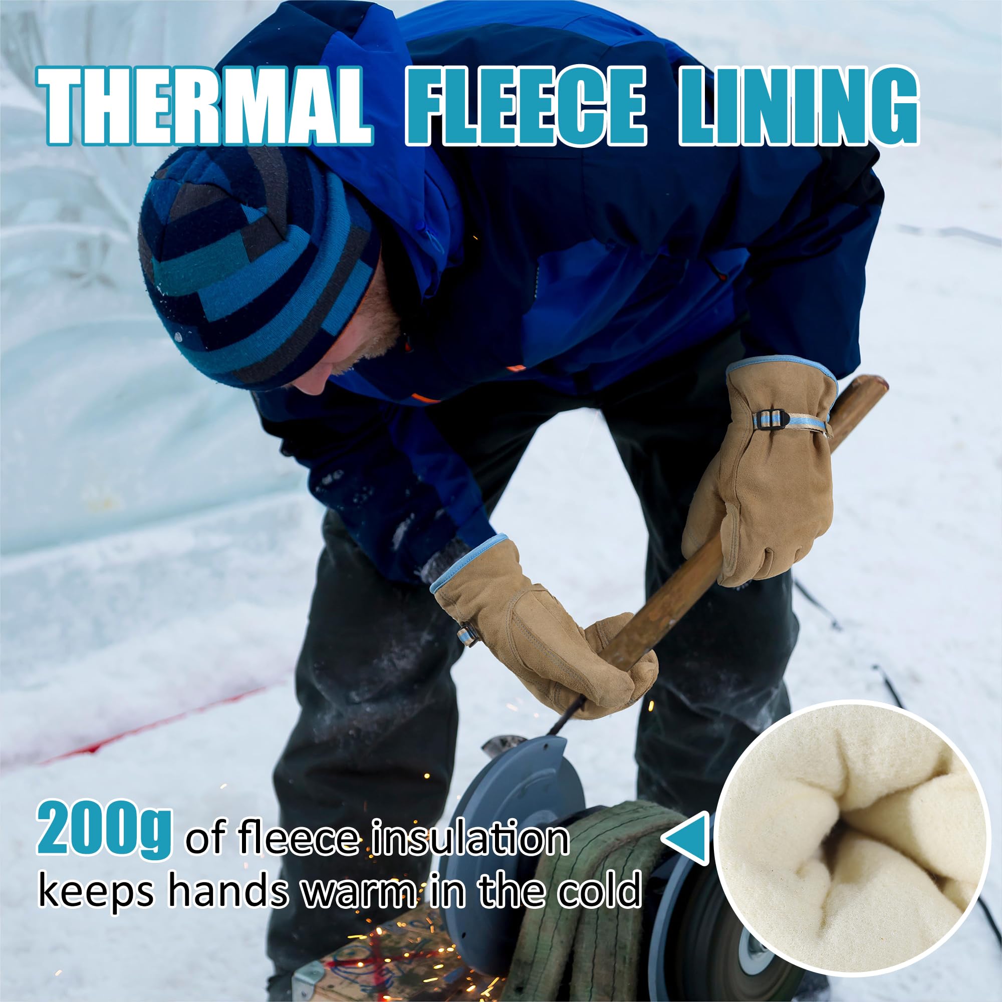KONGOUARD Winter-Arbeitshandschuhe aus Leder, isolierte Thermo-Rindslederhandschuhe für Arbeiten bei kaltem Wetter, mit Fleece gefüttert