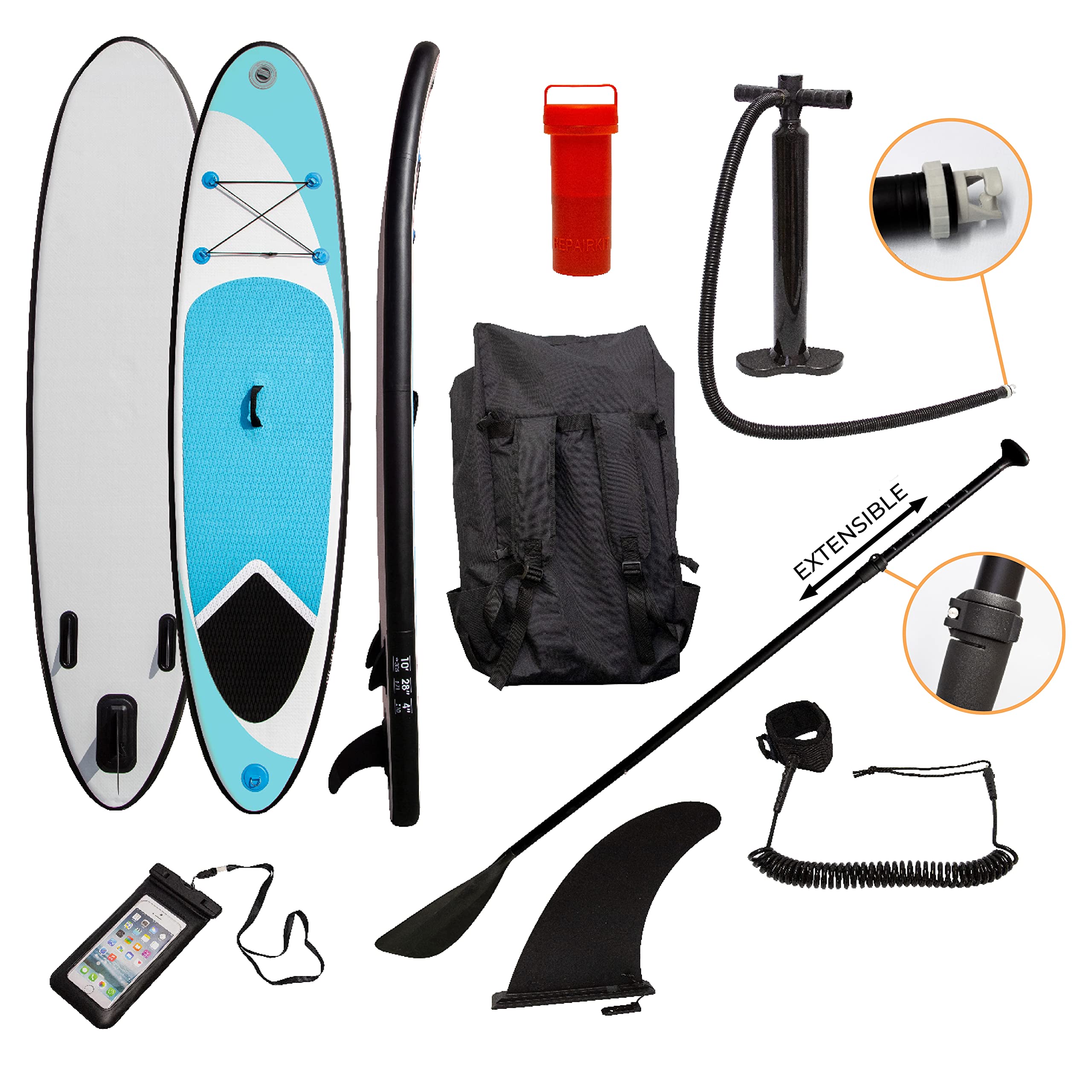 Inflatable Paddle Board Blue Stand Up 10ft SUP Lightweight 6.75kg Water Sports Surfboard Non-Slip Deck Carry Bag Pump Adjustable Paddle Elasticated Ankle Leash 3 Fins Waterproof Phone Case Repair Kit