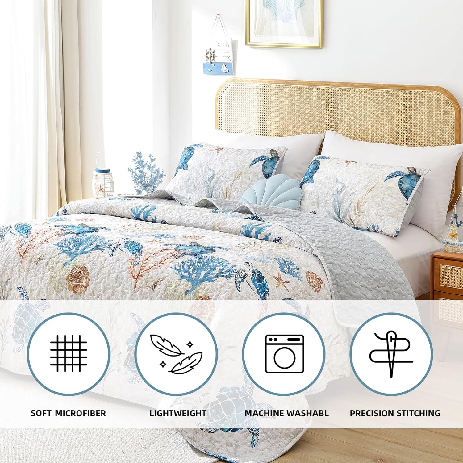 weigelia Coastal Quilt Set Queen Size - Sea Turtle Ocean Print Lightweight Soft Microfiber Summer Comforter with 2 Pillow Cases - Beach Bedding Coverlet Decor for All Seasons, Bedroom & Guest Room - Image 3