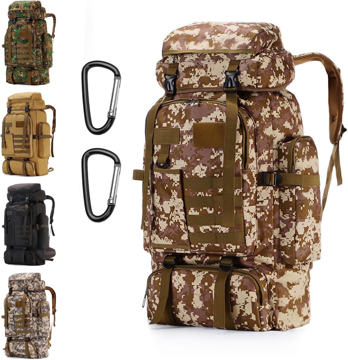 Hiking Backpack 80L with Carabiner Clips Packable Lightweight Camping Backpack Men Women Waterproof Hiking Daypack Travel Bag (Camo-B, 80L)