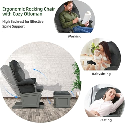 Miniatura 4 de Costzon Juego de deslizador y otomano basculante de madera para guardería silla mecedora tapizada y cómoda con reposabrazos acolchados cojín y funda