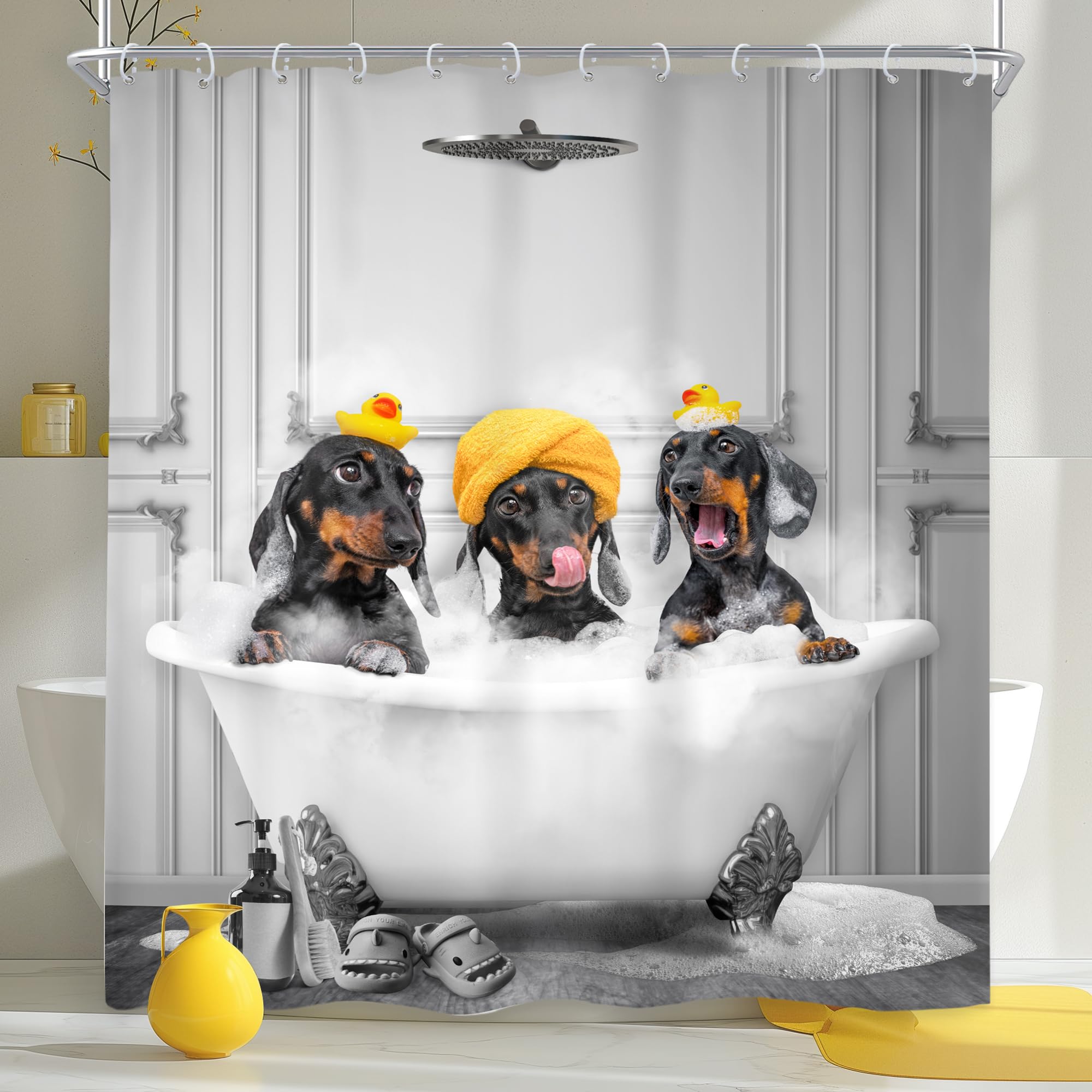 Newsely Funny Dogs Shower Curtain 72Wx72H Inch Dachshund Bathing in Bathtub Cute Animal Puppy Pet Hilarious Shower Curtain Bathroom Set for Kids Boys Waterproof Bath Decoration Accessories Home Decor