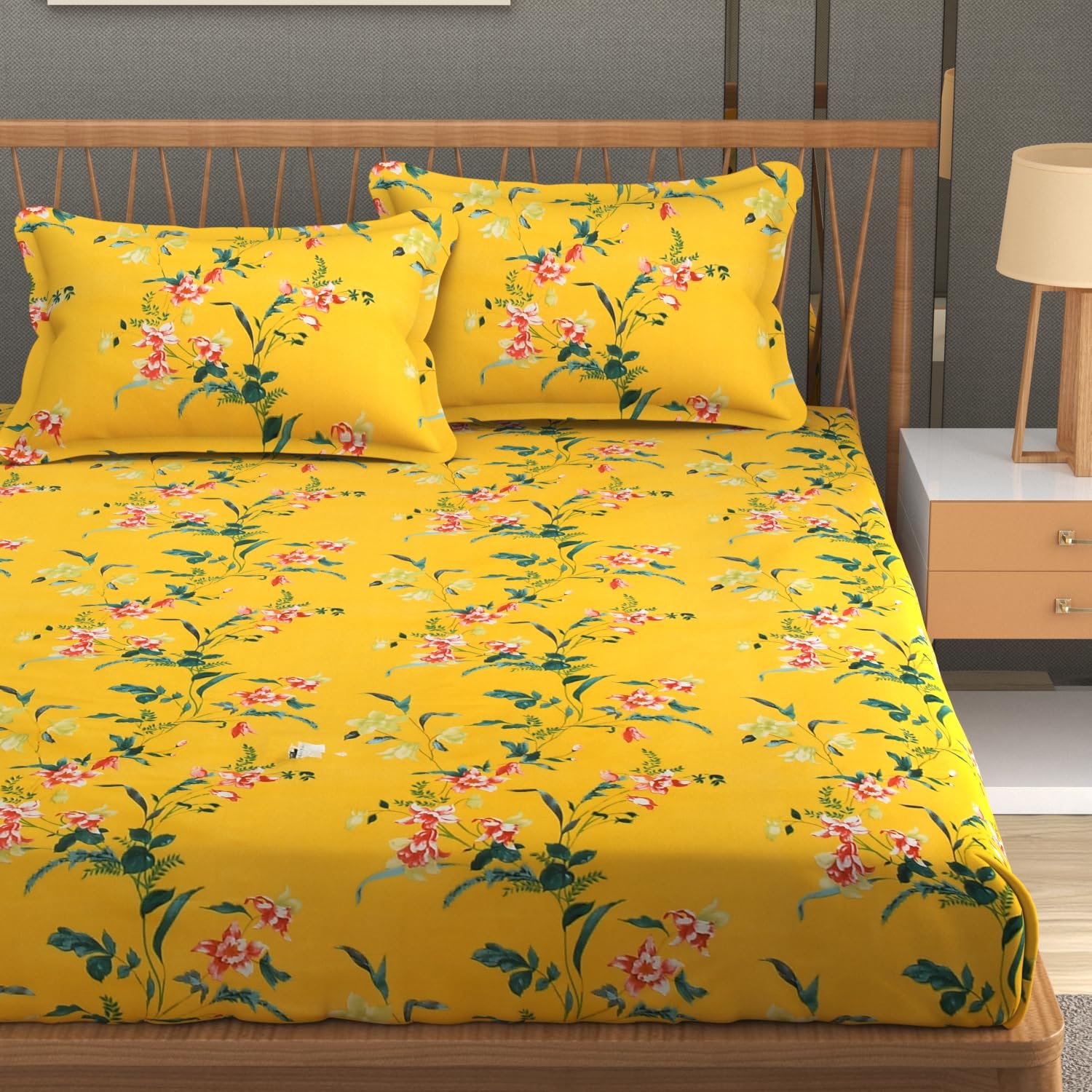 FRESH FROM LOOM Premium Glace Cotton Bedsheet | King Size for Double Bed | Hypoallergenic Soft Fabric | Anti-Fade Floral Print(Size - 90x100, Marigold Bright Yellow)-image-33